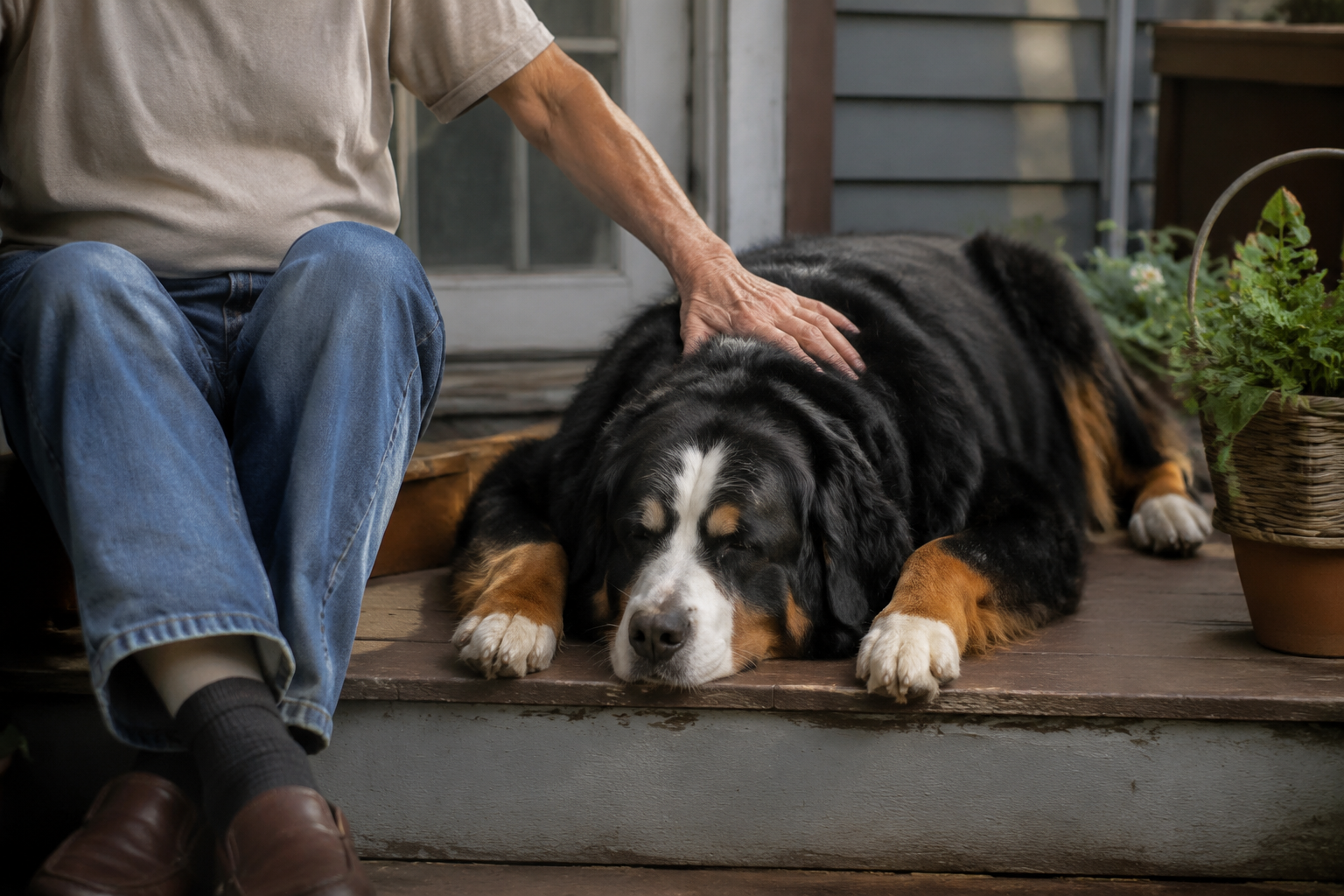 A retiree sitting on a porch step with a hand resting on the broad back of an aging Bernese Mountain Dog