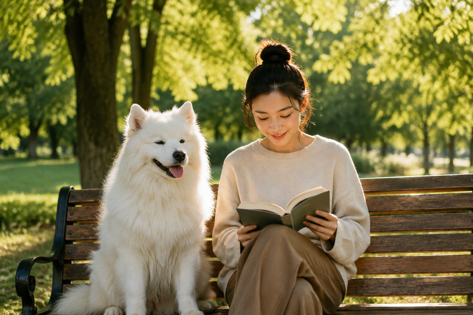 A smiling white Samoyed sitting beside a relaxed person reading on a park bench in dappled sunlight