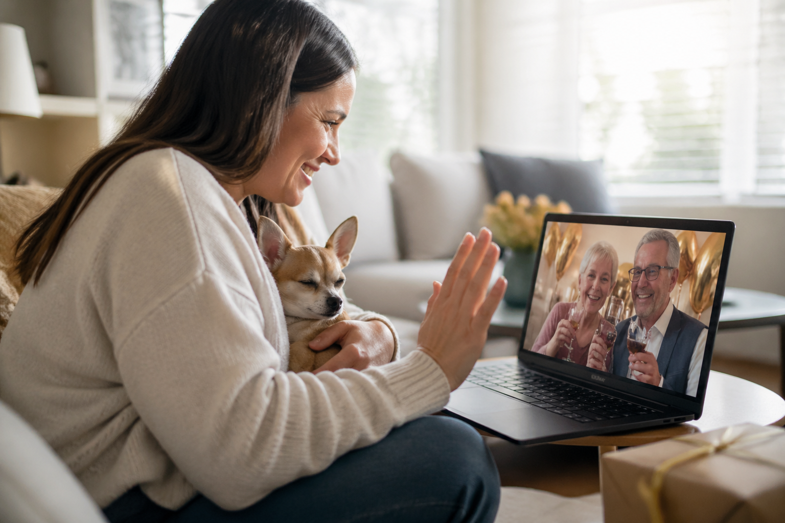 Adult child holding a Chihuahua during a retirement video call in bright daylight