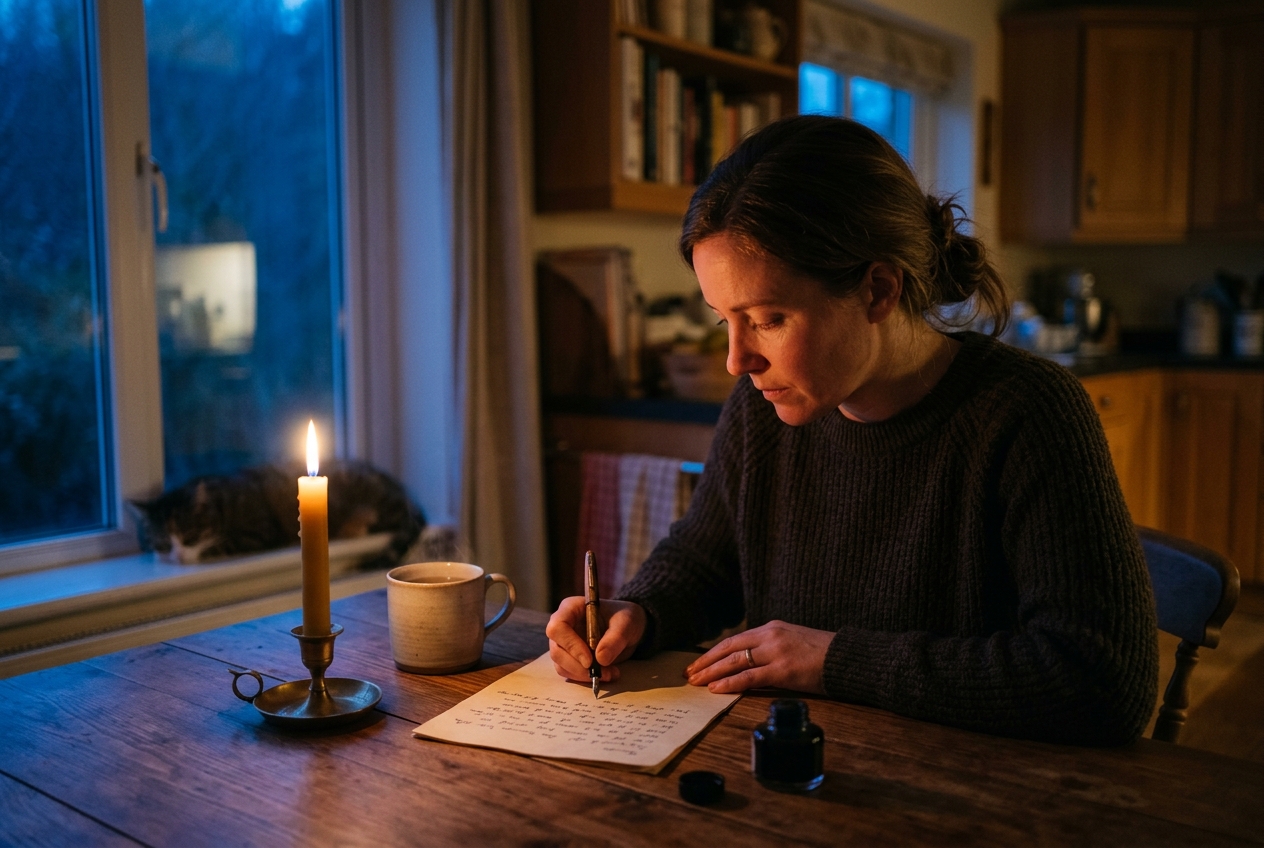 Woman writing a heartfelt letter by candlelight at a kitchen table with tea in soft evening light