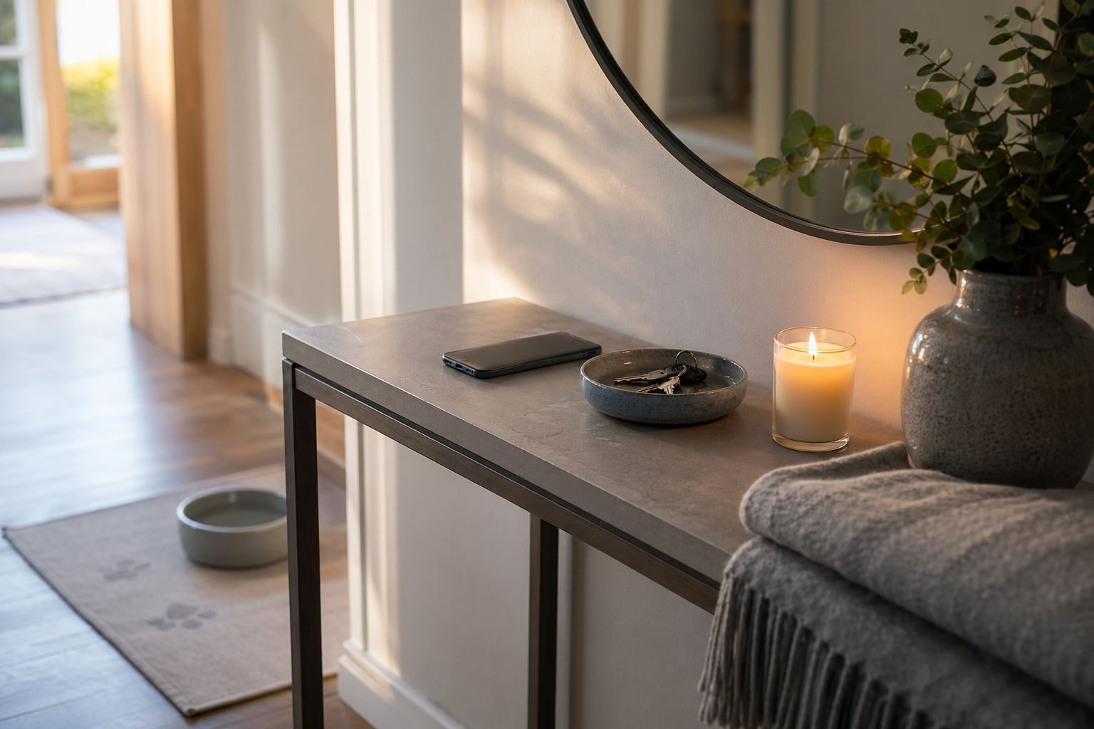 Minimal hallway ritual setup honoring a Russian Blue with phone, candle, and simple objects