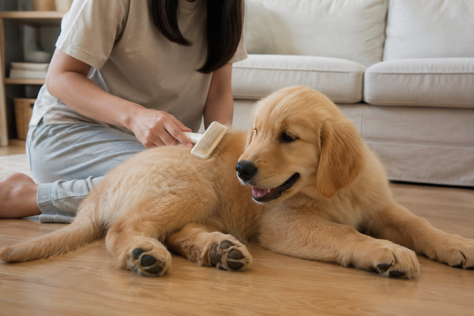 A first-time owner gently brushing a young Golden Retriever's glossy coat on the floor