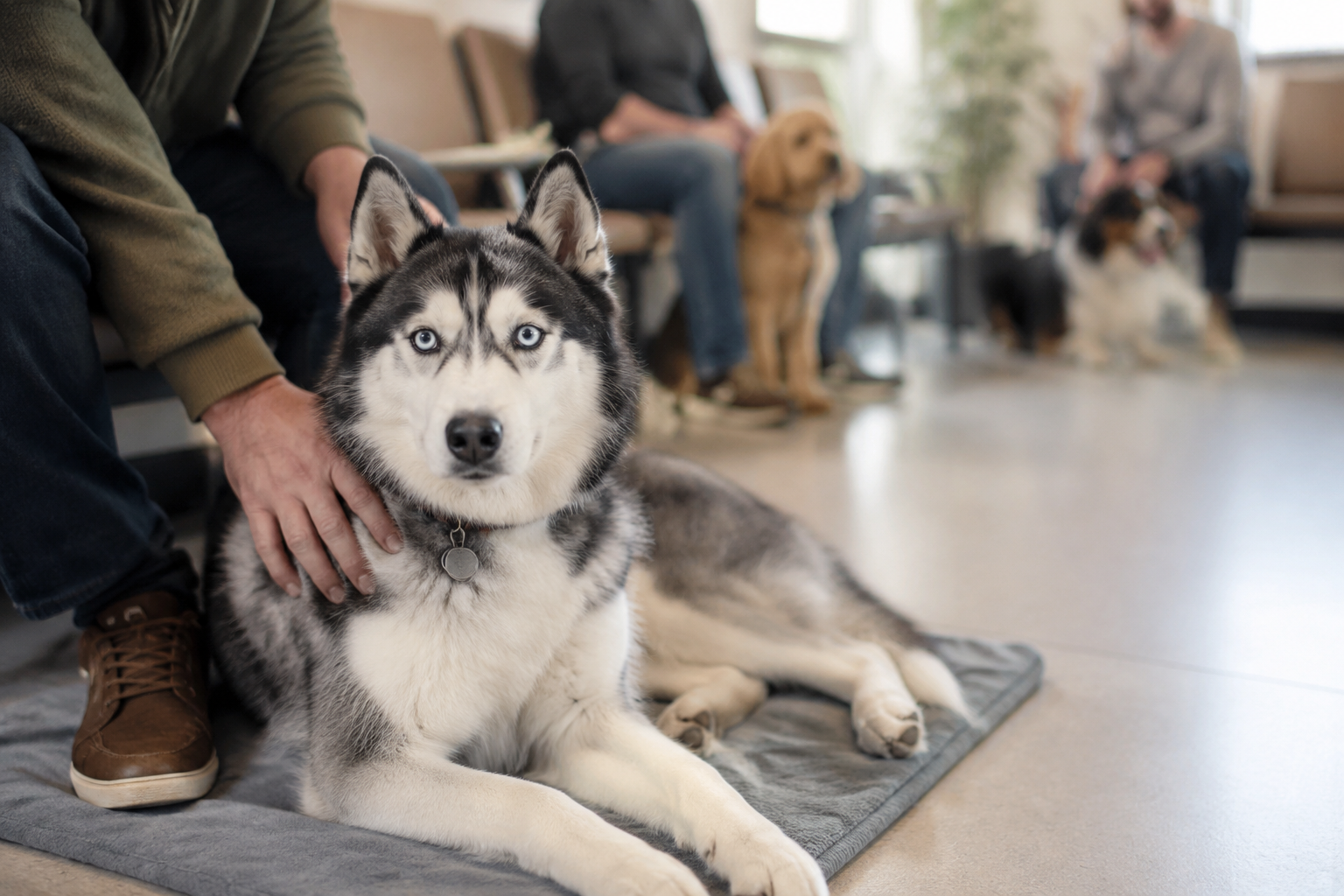 Husky lying calmly on a mat in a vet waiting room with owner's hand on its back in a peaceful environment
