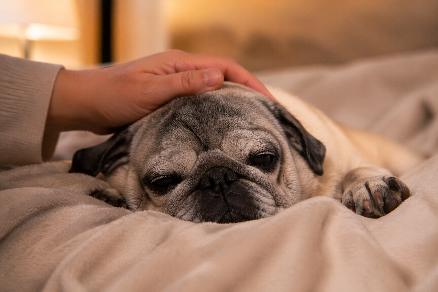 Senior Pug resting with caregiver's gentle hand