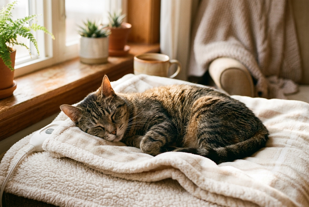 Elderly tabby cat with graying muzzle sleeping peacefully on a heated blanket in gentle afternoon light