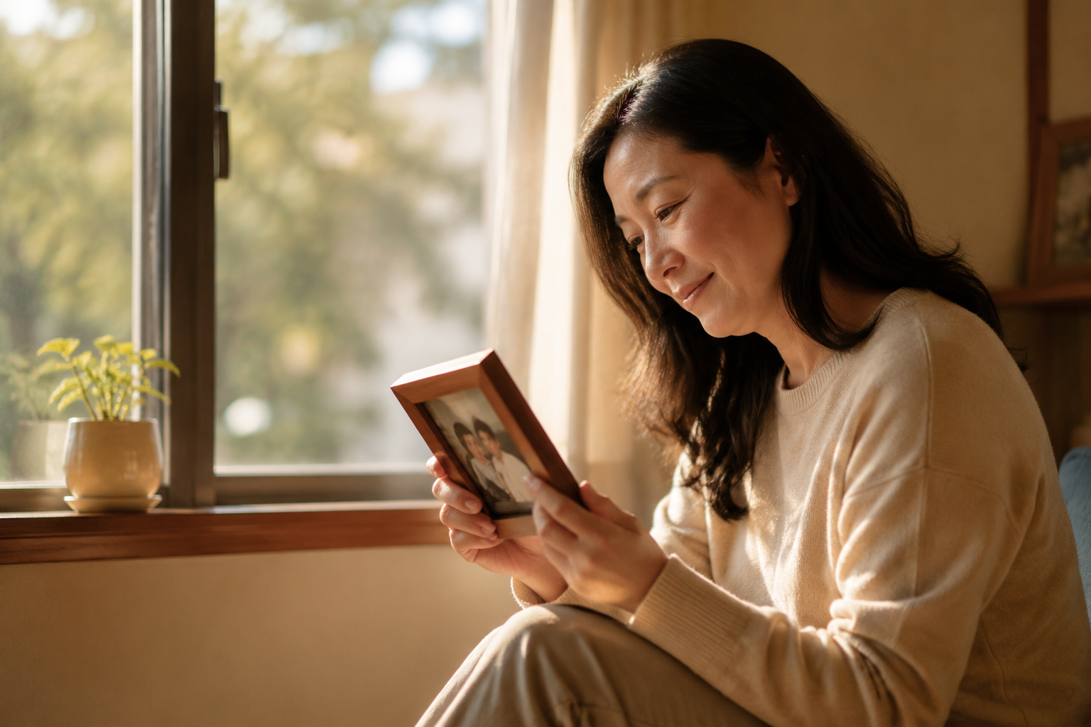 Adult sitting by a window holding a small photo frame in soft afternoon light with a reflective mood