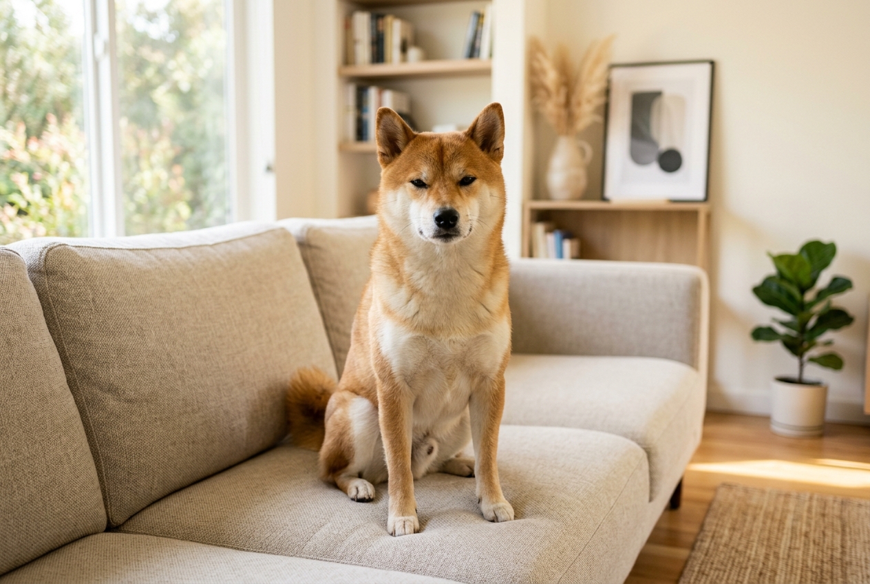 Shiba Inu sitting regally on a modern sofa with a characteristic judging expression in a bright minimalist living room