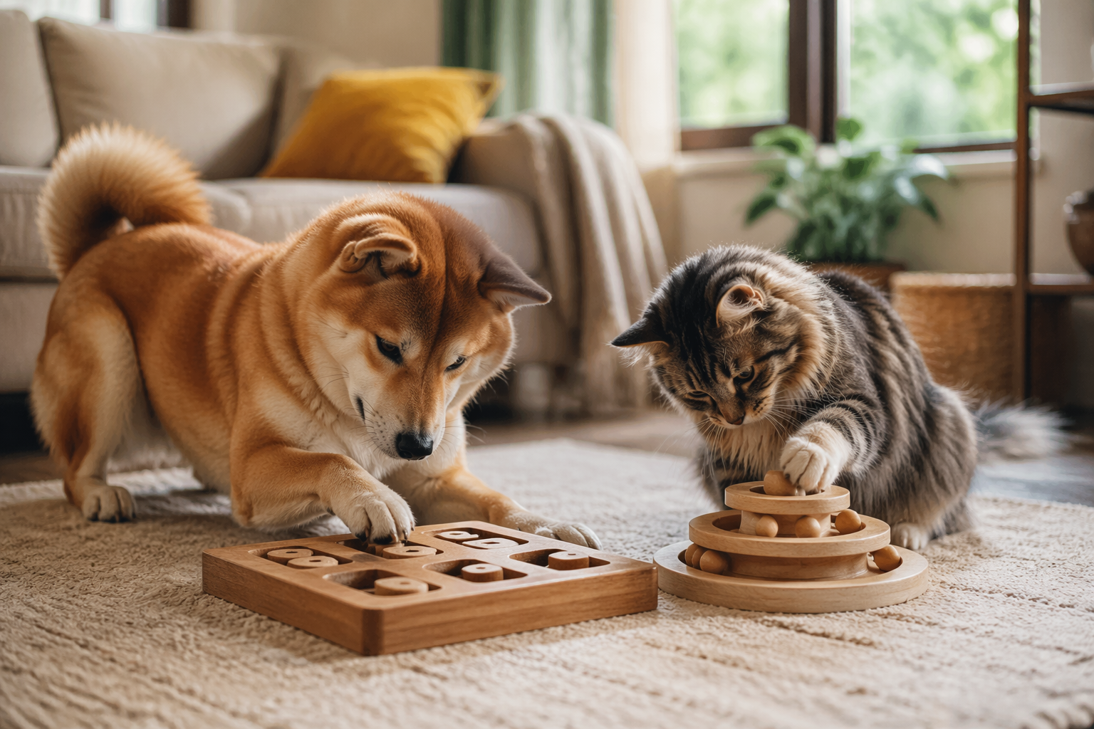 Shiba Inu playing peacefully with another pet