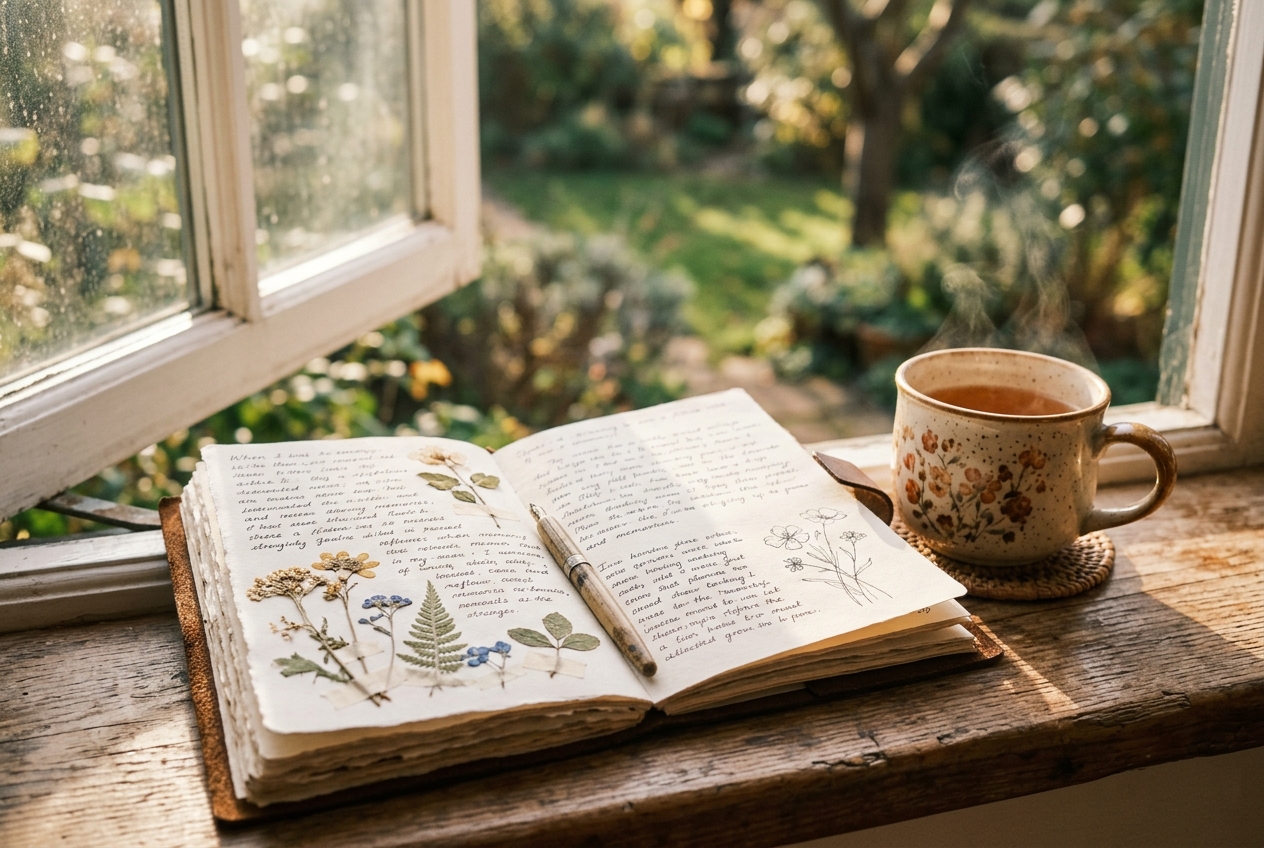 Open journal with handwritten entries and pressed flowers