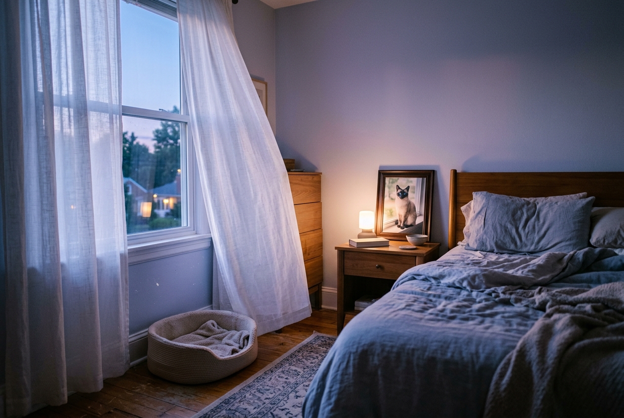 Quiet twilight bedroom with sheer curtains and an empty cat bed on the floor near a window with a framed cat photo nearby