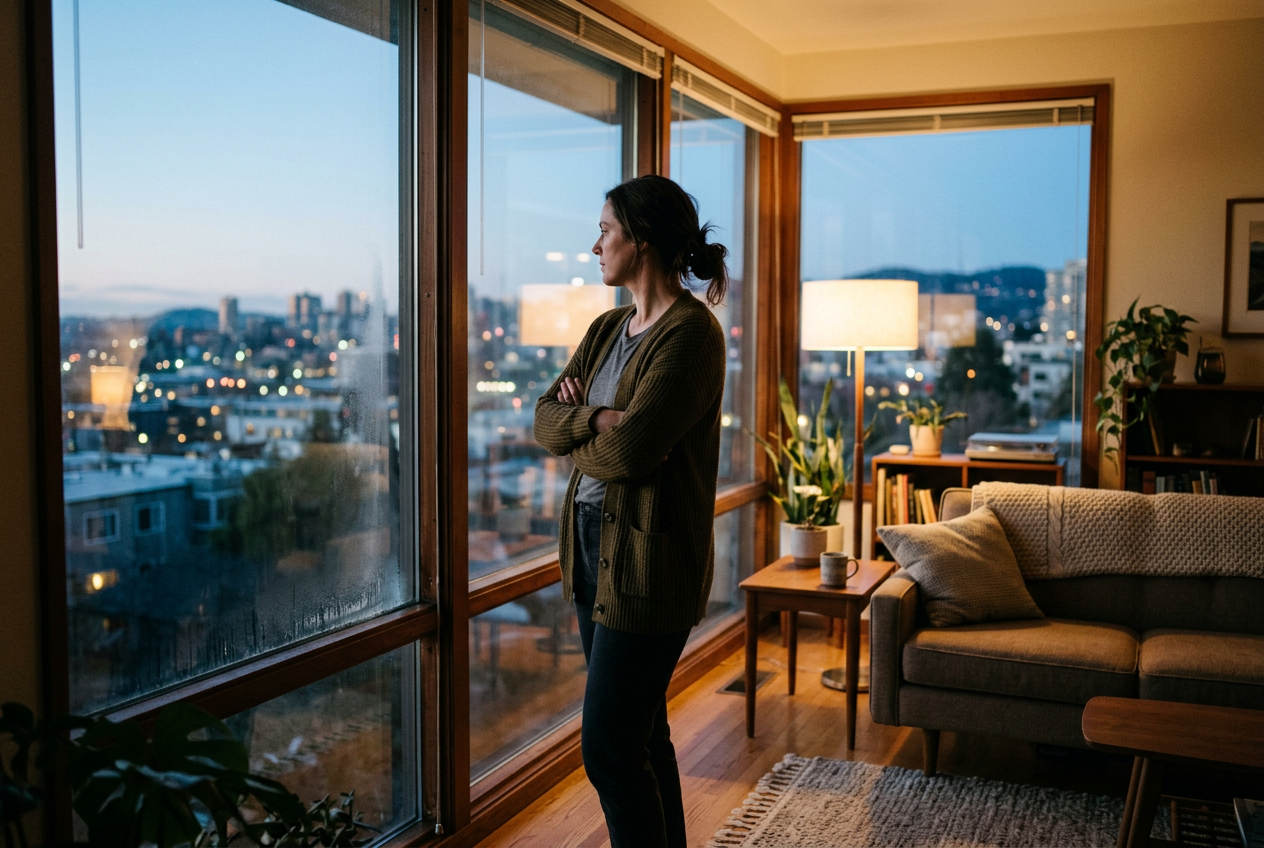 Person standing alone looking out window in quiet living room in contemplative pose