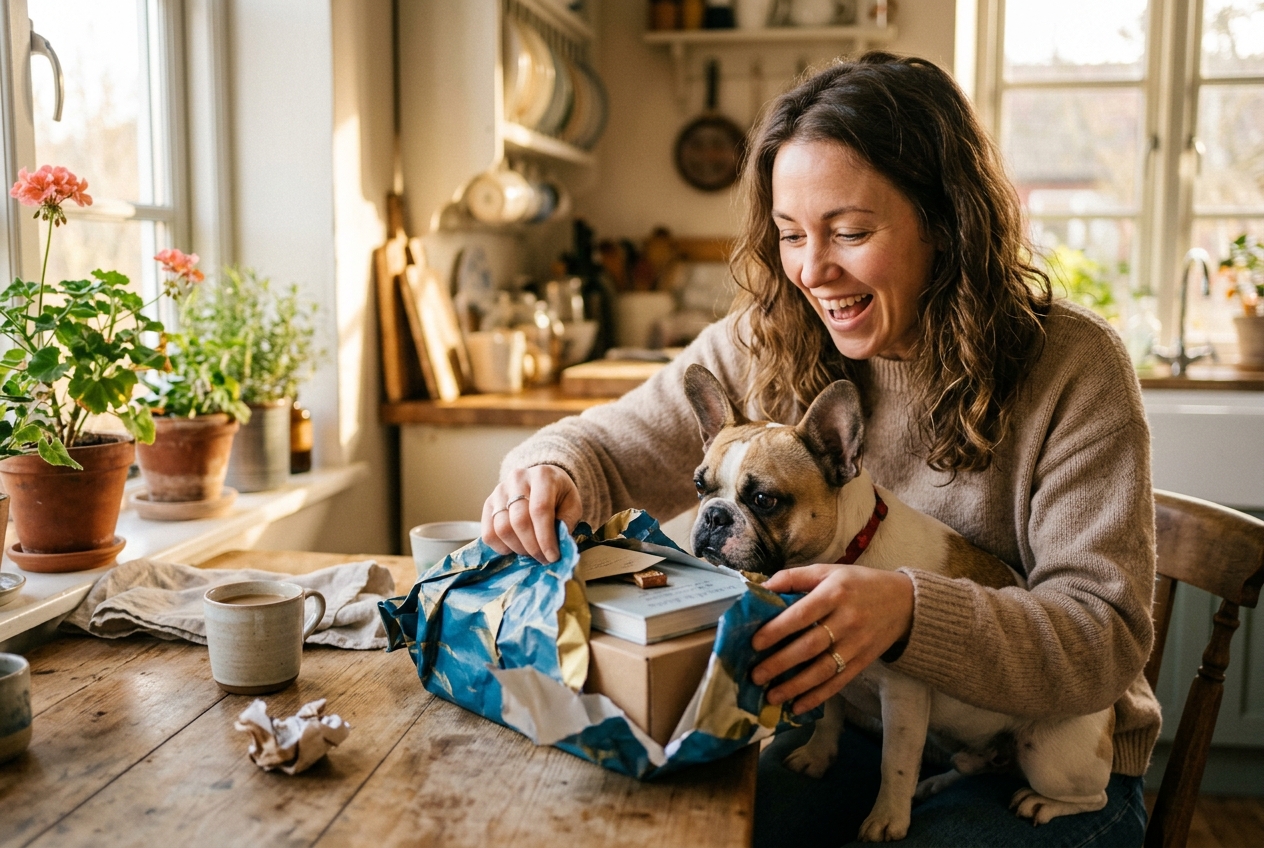 Person unwrapping a gift at a kitchen table with a surprised smile while a French Bulldog on their lap peers at the box