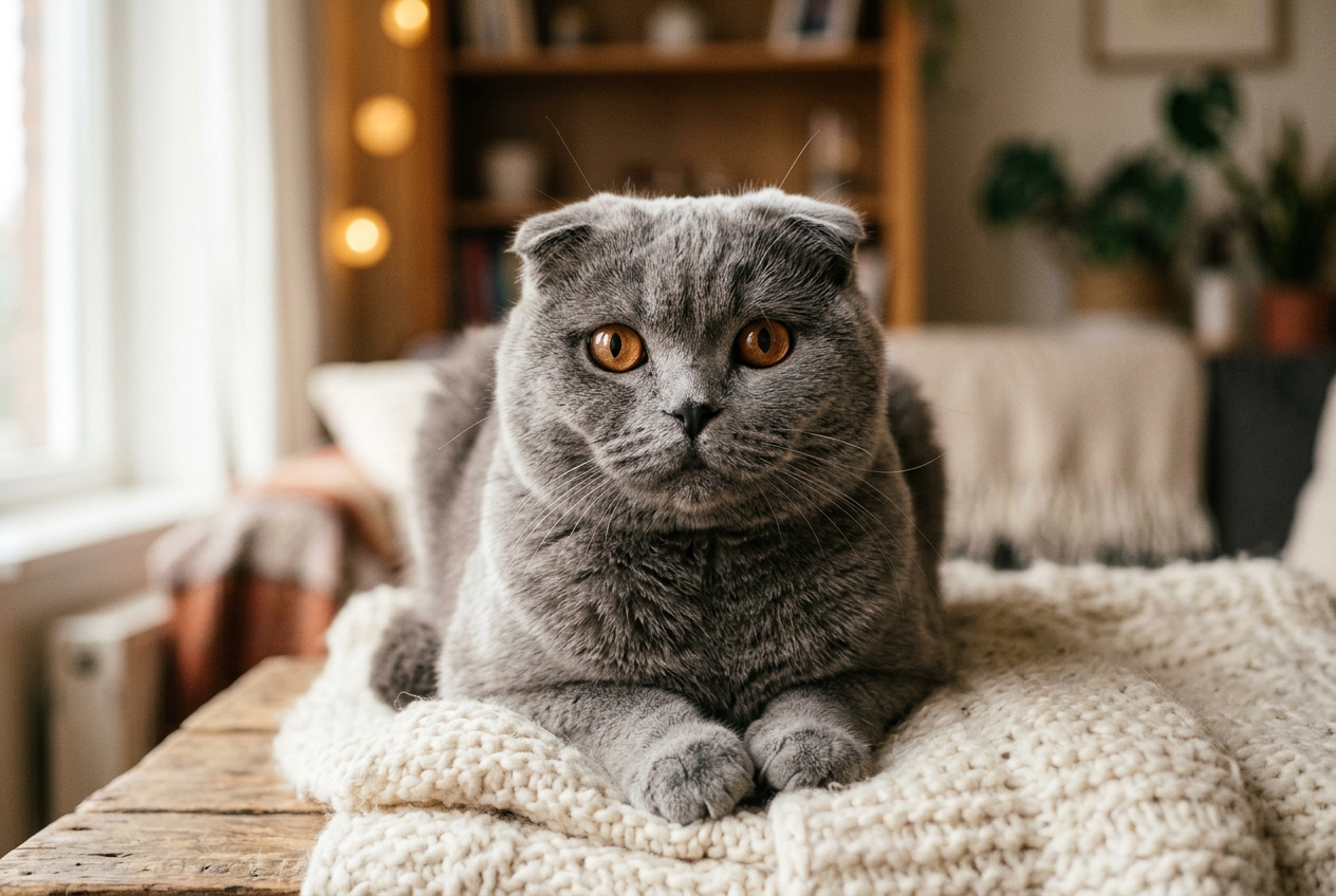 Close-up of a Scottish Fold cat with folded ears and round copper eyes in soft studio lighting highlighting fur texture