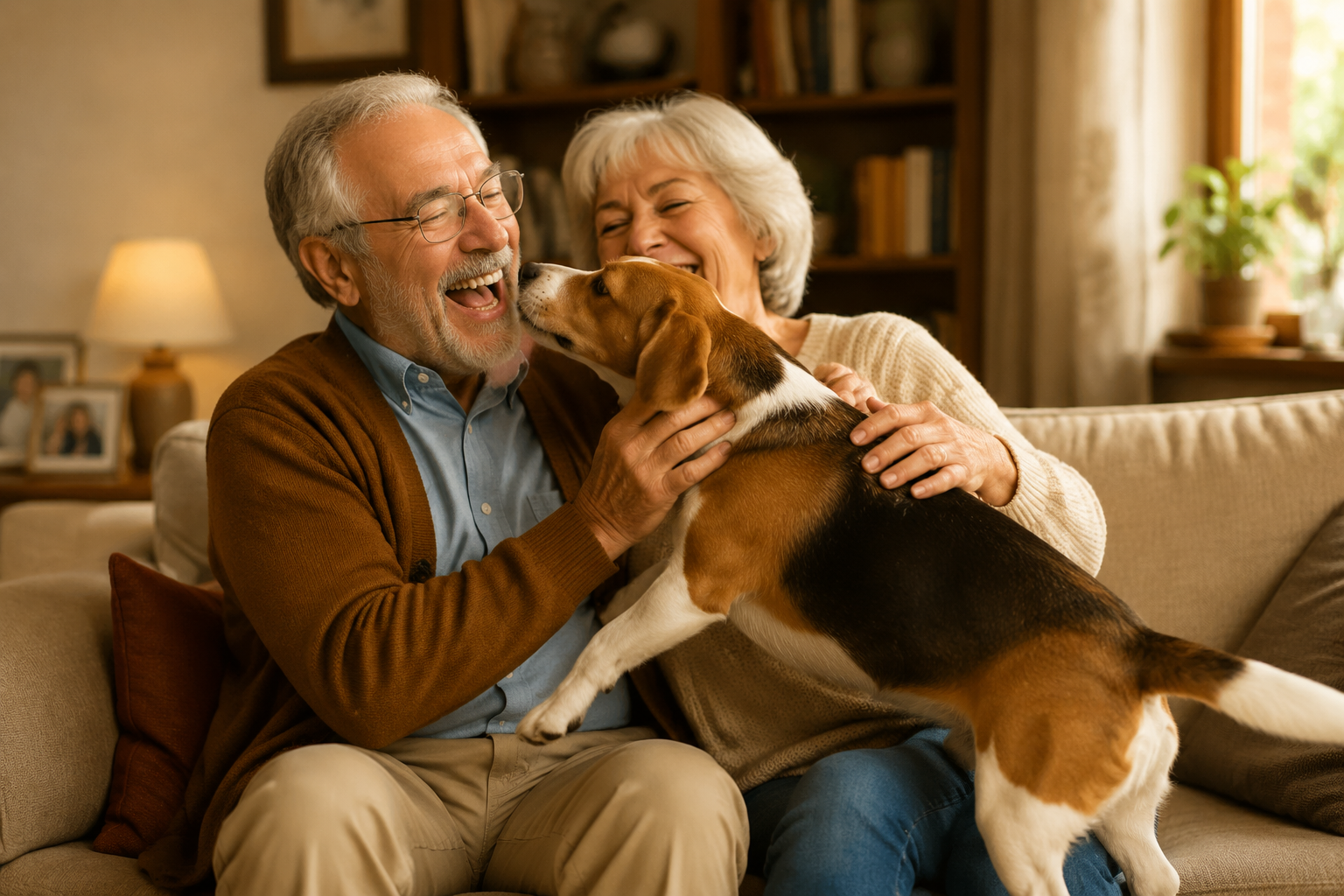Grandparents laughing as a Beagle hops onto their laps on a cozy sofa in warm golden indoor light
