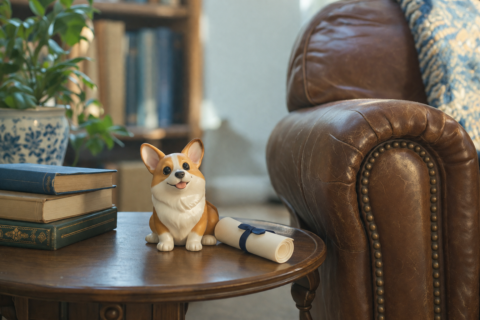 Corgi figurine sitting beside a rolled graduation diploma — in-article view