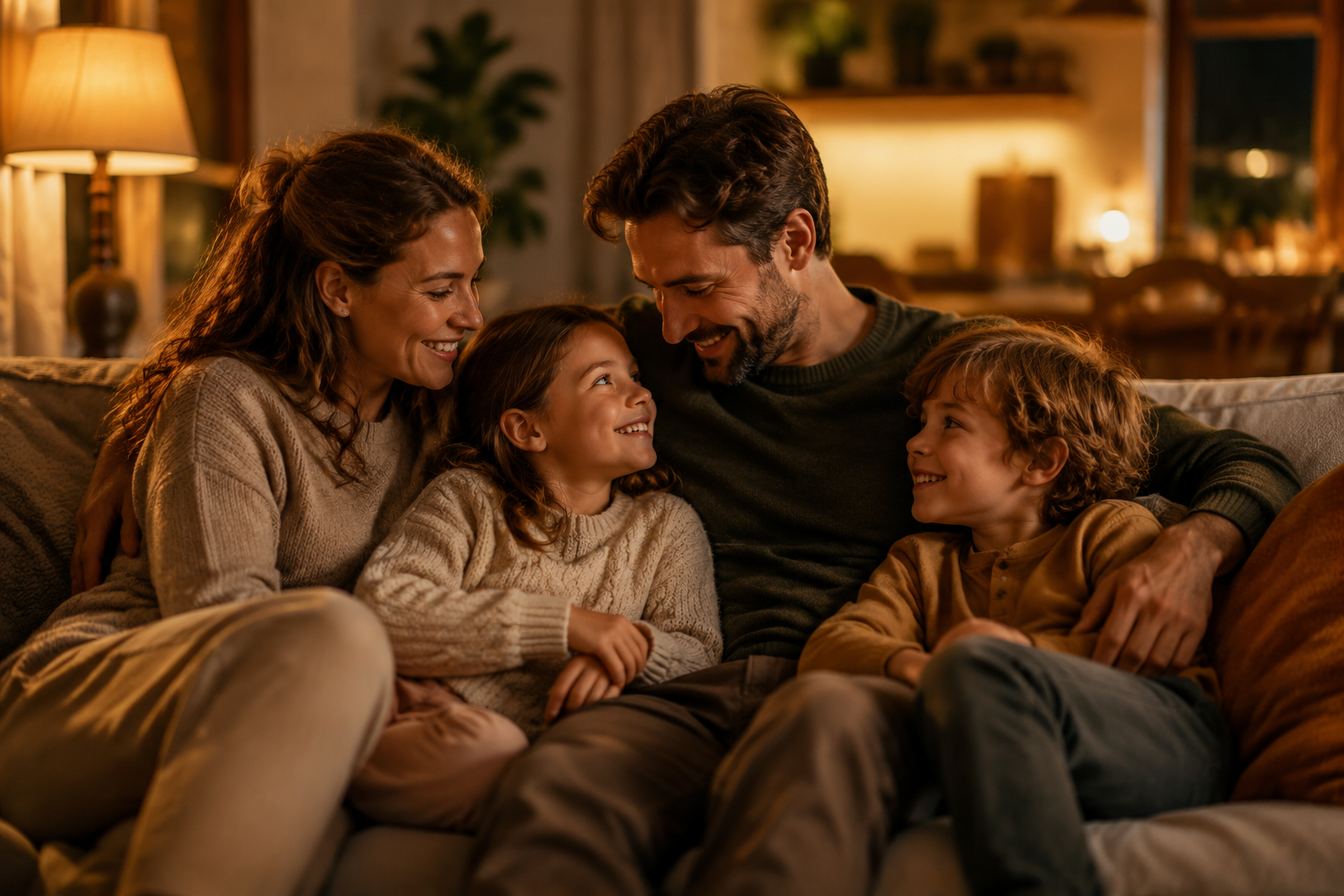 A family gathered on a cozy couch in warm evening light sharing a quiet tender moment close together