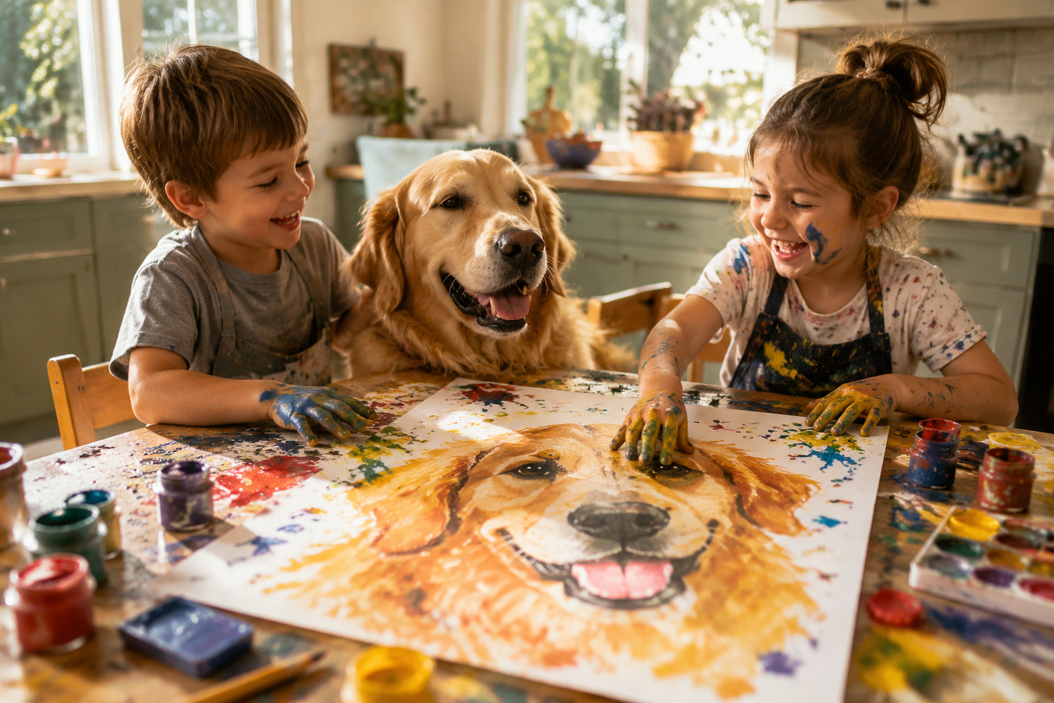 Young children painting a picture of their Golden Retriever together at a kitchen table with paint on their fingers in bright light