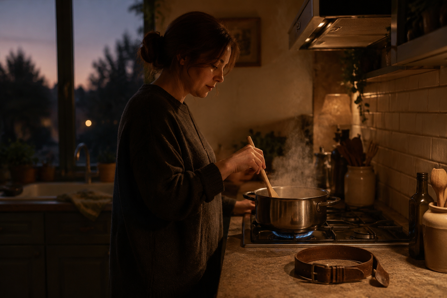 Person stirring a pot in a softly lit evening kitchen with a worn dog collar resting on the counter