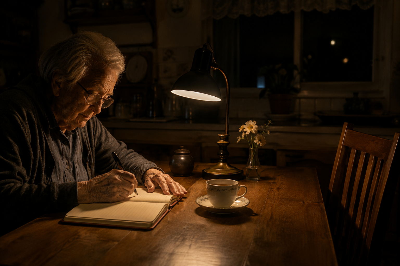 Elderly person's hands writing in a journal at a kitchen table late at night under lamp light with empty chair across