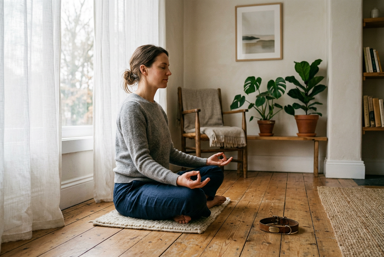 Person meditating peacefully on wooden floor with dog collar nearby in soft natural light