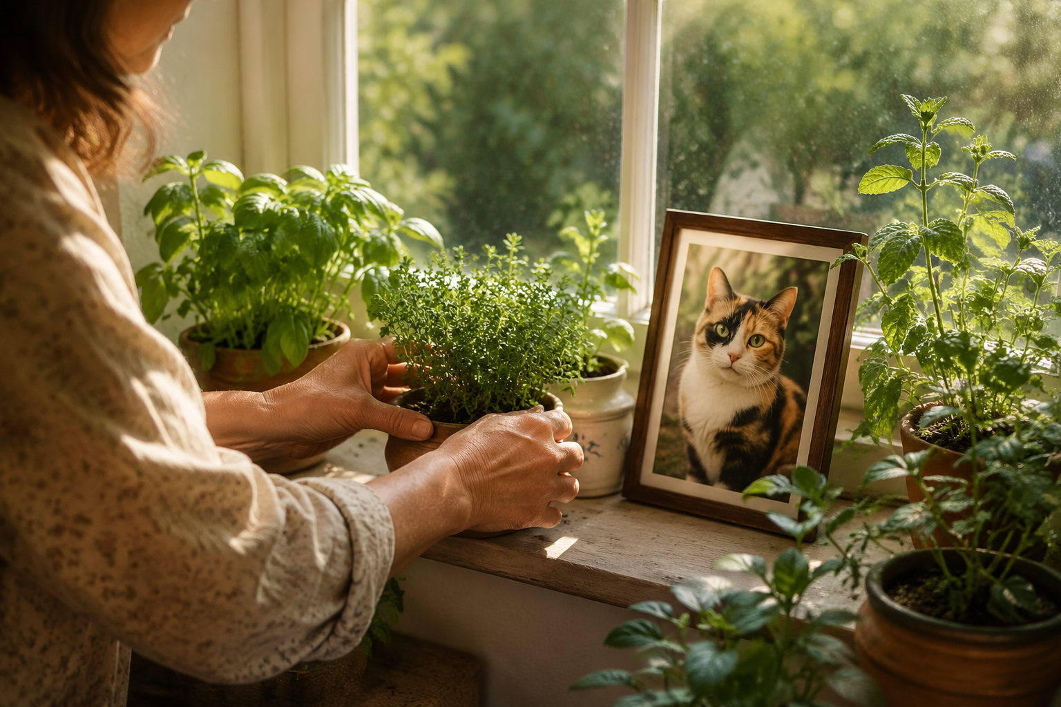 Mother's hands arranging a windowsill herb garden with a framed Calico cat photo among the pots in soft afternoon light
