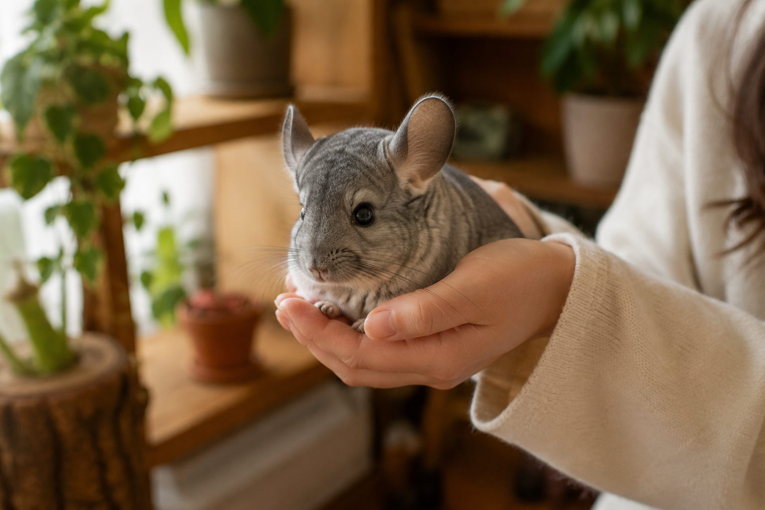 A pet chinchilla sitting in cupped hands with soft gray fur catching light in a cozy room with natural materials