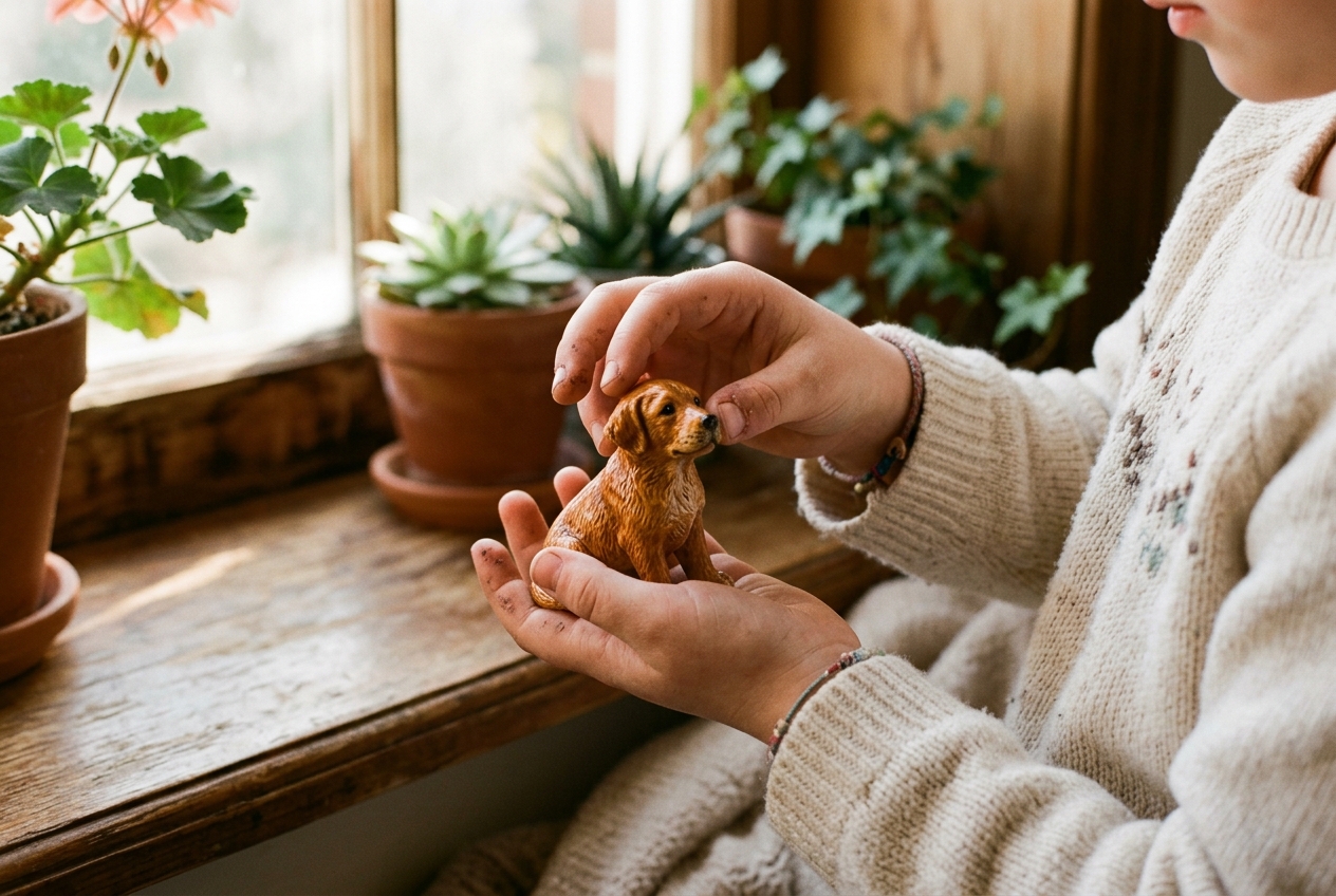 Child's hands examining pet figurine with wonder
