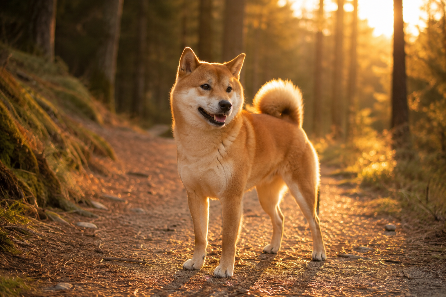 A confident Shiba Inu with a curled tail standing alert on a forest trail bathed in golden hour light