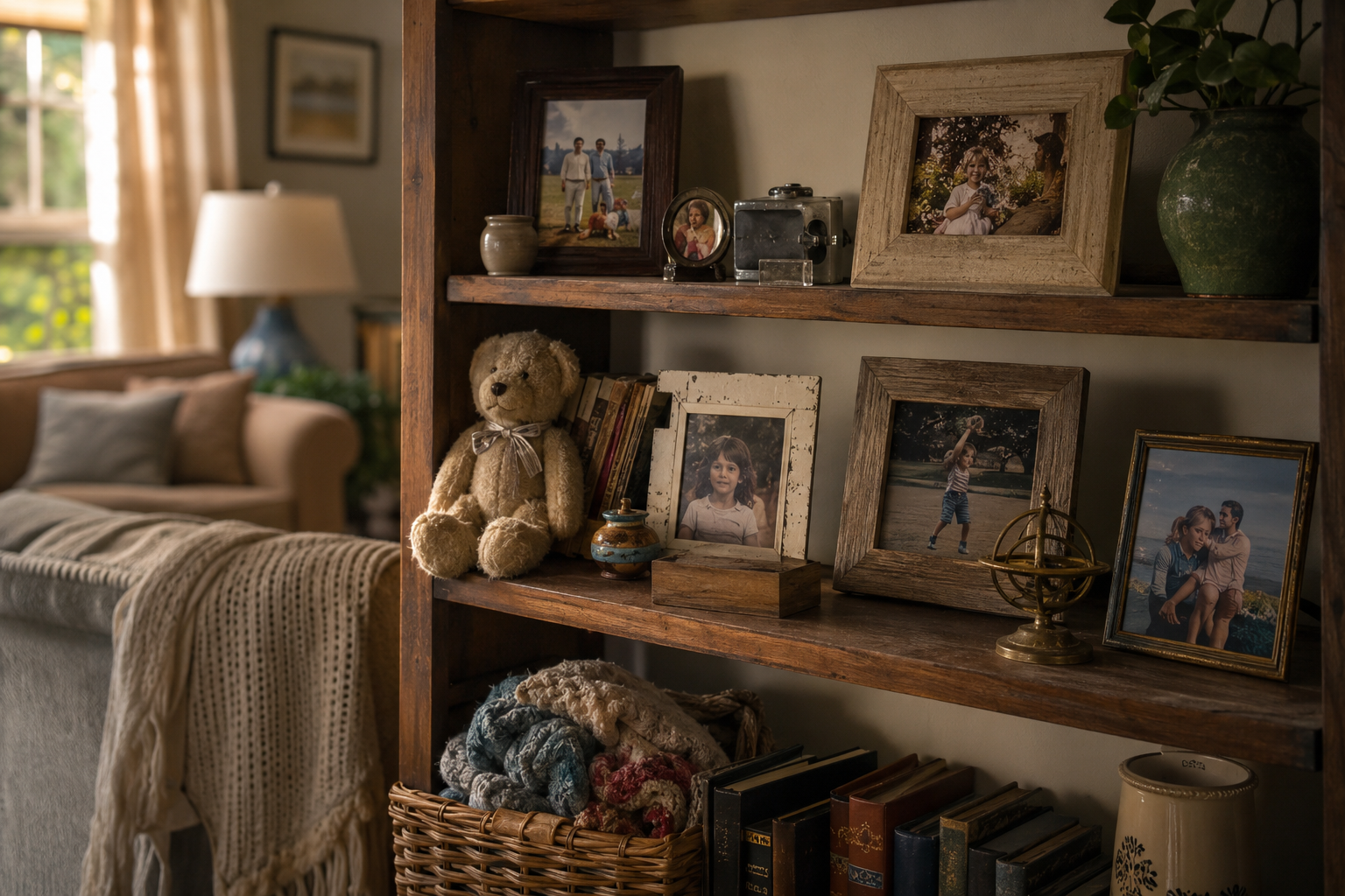 Family living room shelf with kepsakes at various stages of wear telling a story of time in warm natural light