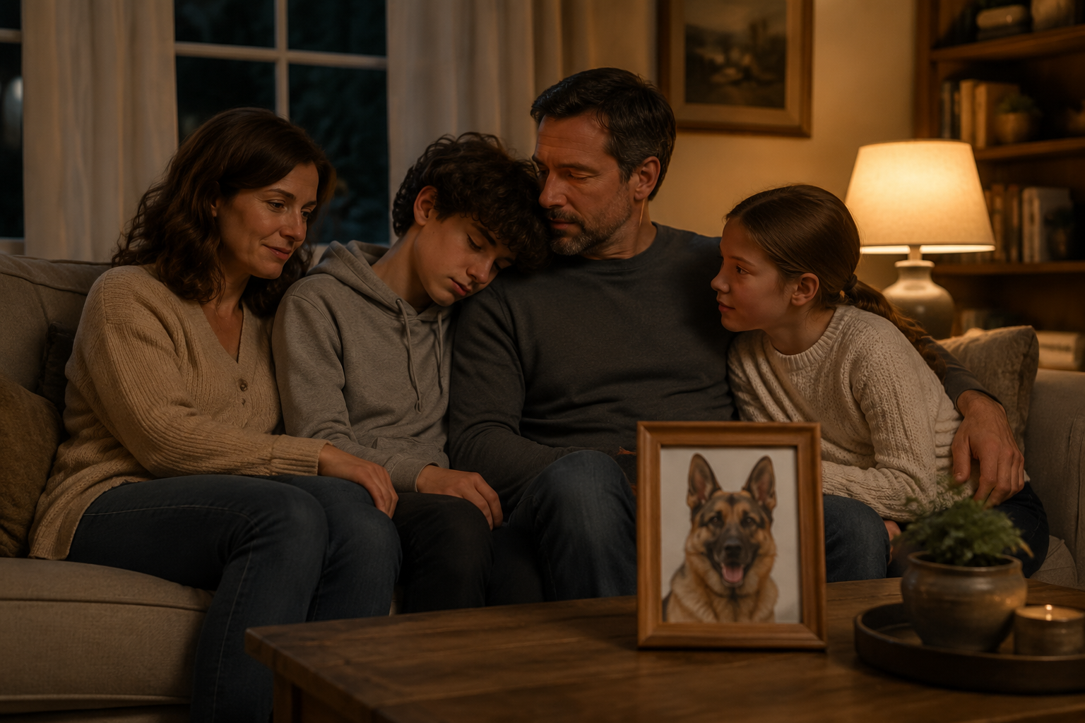 Family sitting together on a couch in quiet grief, a framed German Shepherd photo on the coffee table in soft lamplight