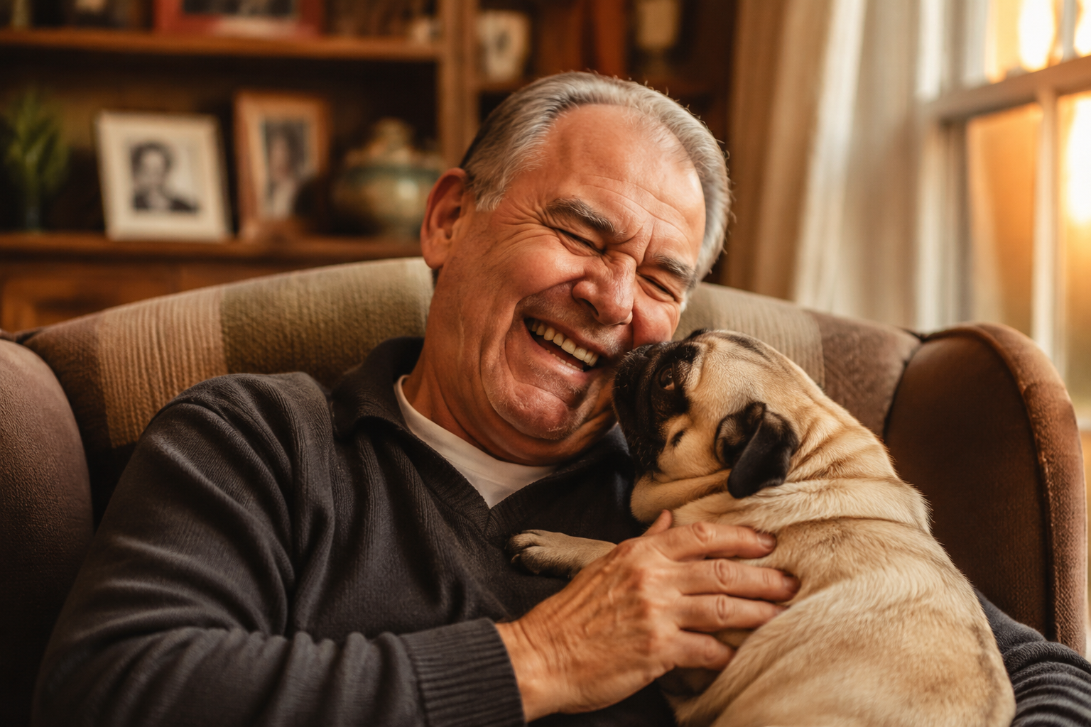 Older man laughing as a Pug snuggles into his arms on a comfortable armchair in warm golden indoor light