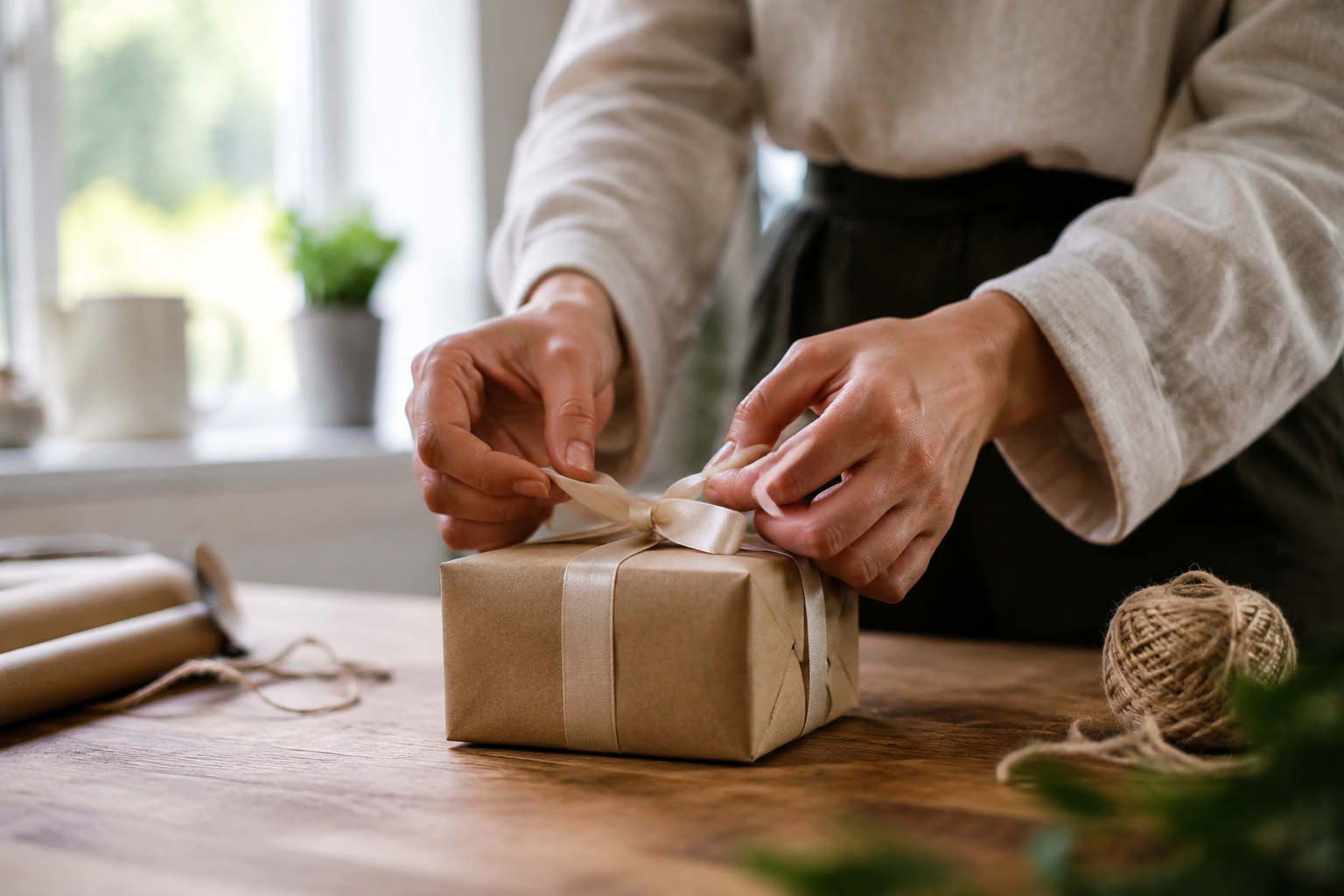 Person's hands tying a ribbon around a small wrapped package on a kitchen counter in soft natural window light