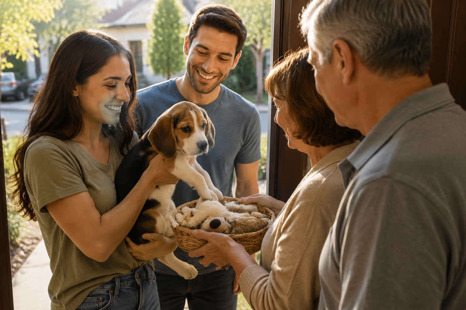 Neighbors welcoming a newly adopted Beagle puppy on a sunny doorstep with a small gift basket