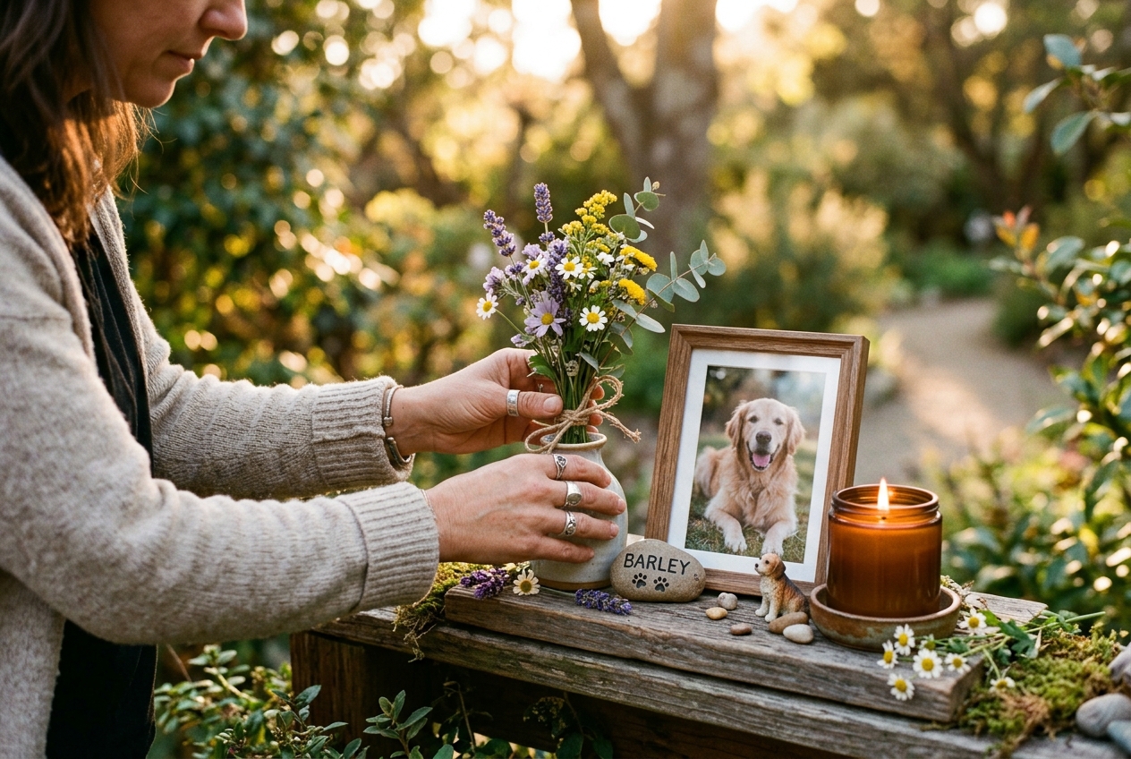 Hands placing flowers at pet memorial shrine