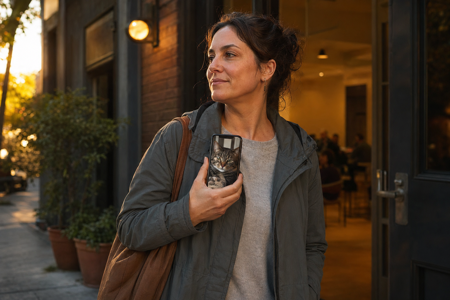 Solo owner holding a phone photo of a Tabby cat before entering a support meeting