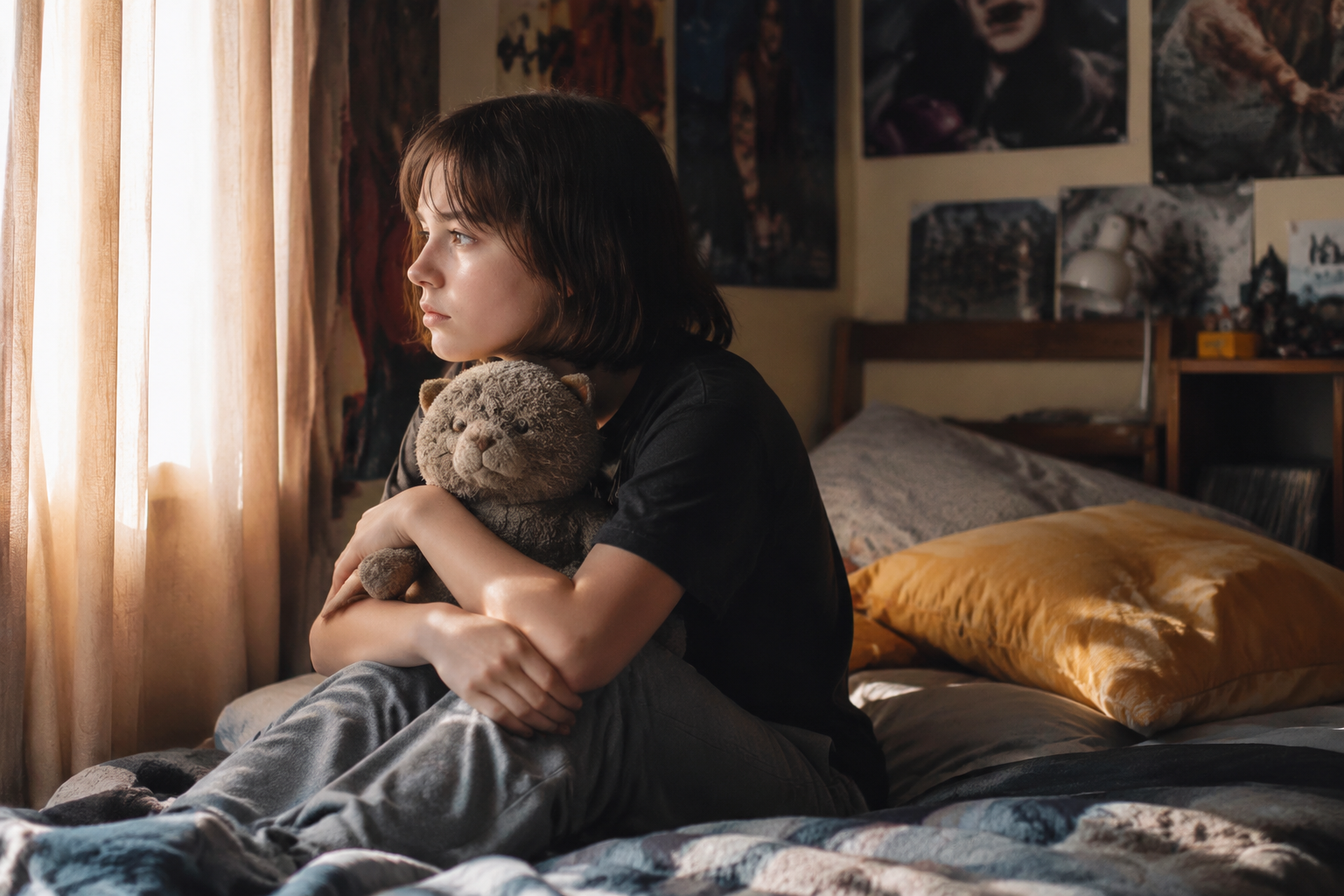Teenager sitting on bed hugging a worn cat toy looking out window with quiet introspective expression in afternoon light