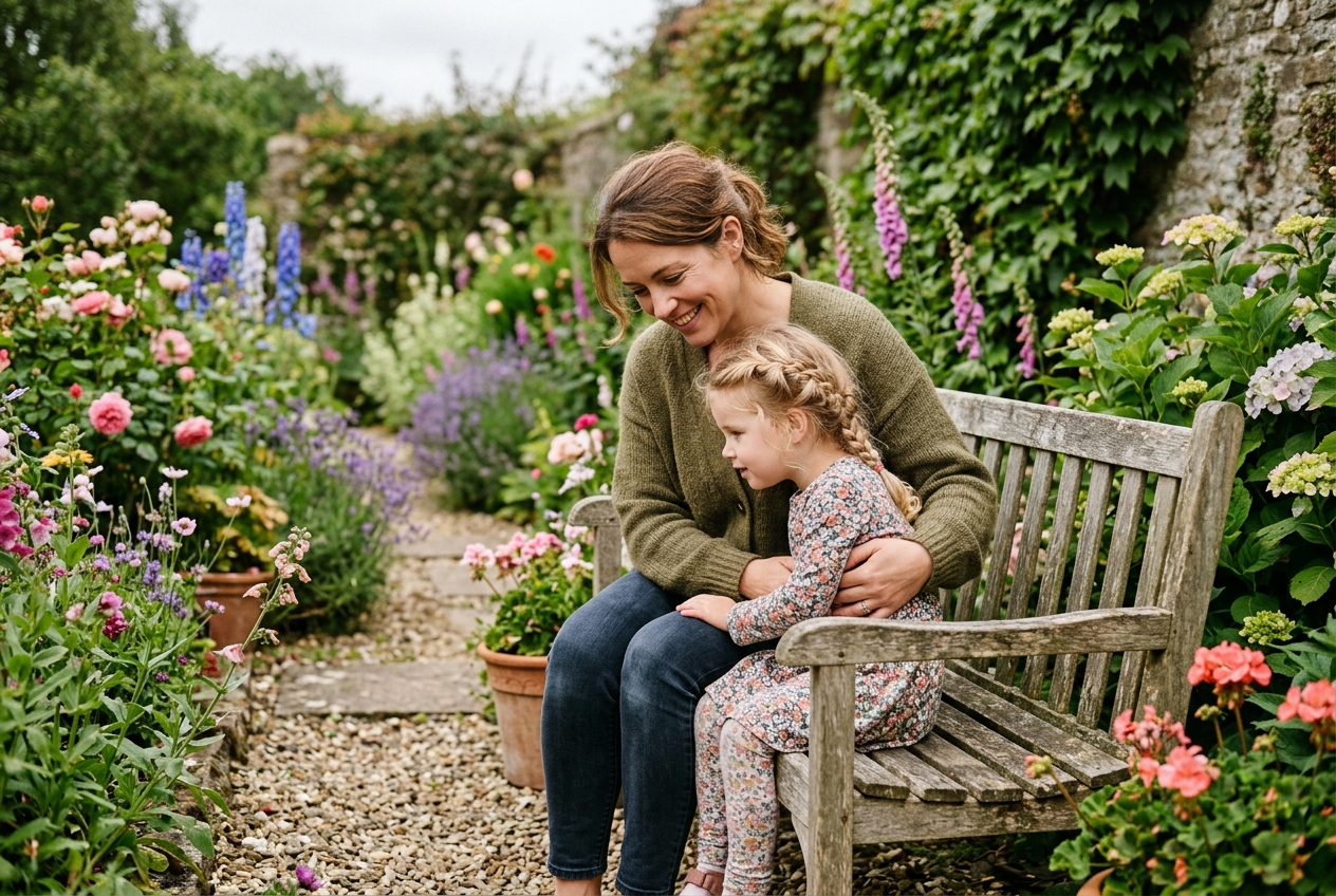 Parent and young child sitting together on a garden bench looking at flowers in soft overcast light with gentle emotion