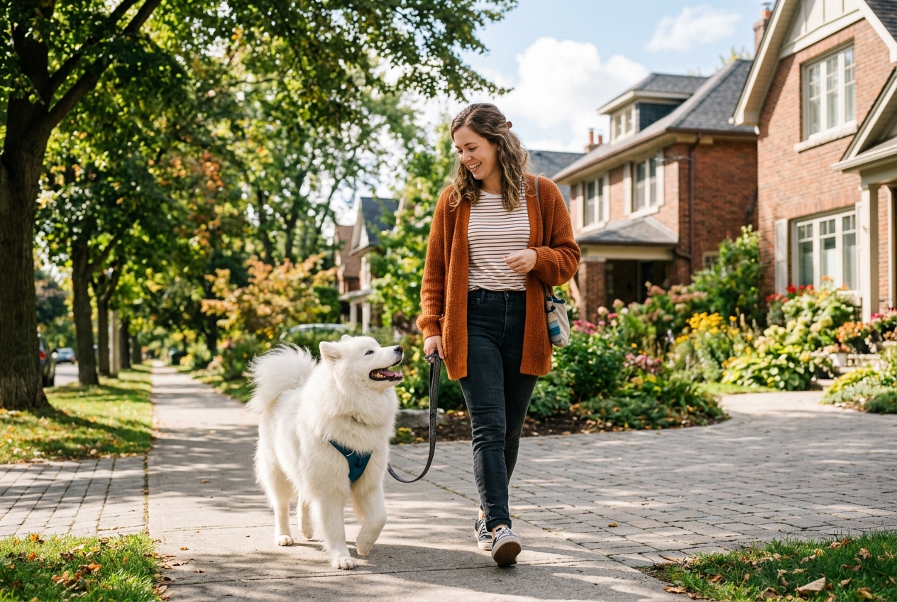 Smiling pet sitter walking a fluffy Samoyed through a tree-lined neighborhood street on a bright day