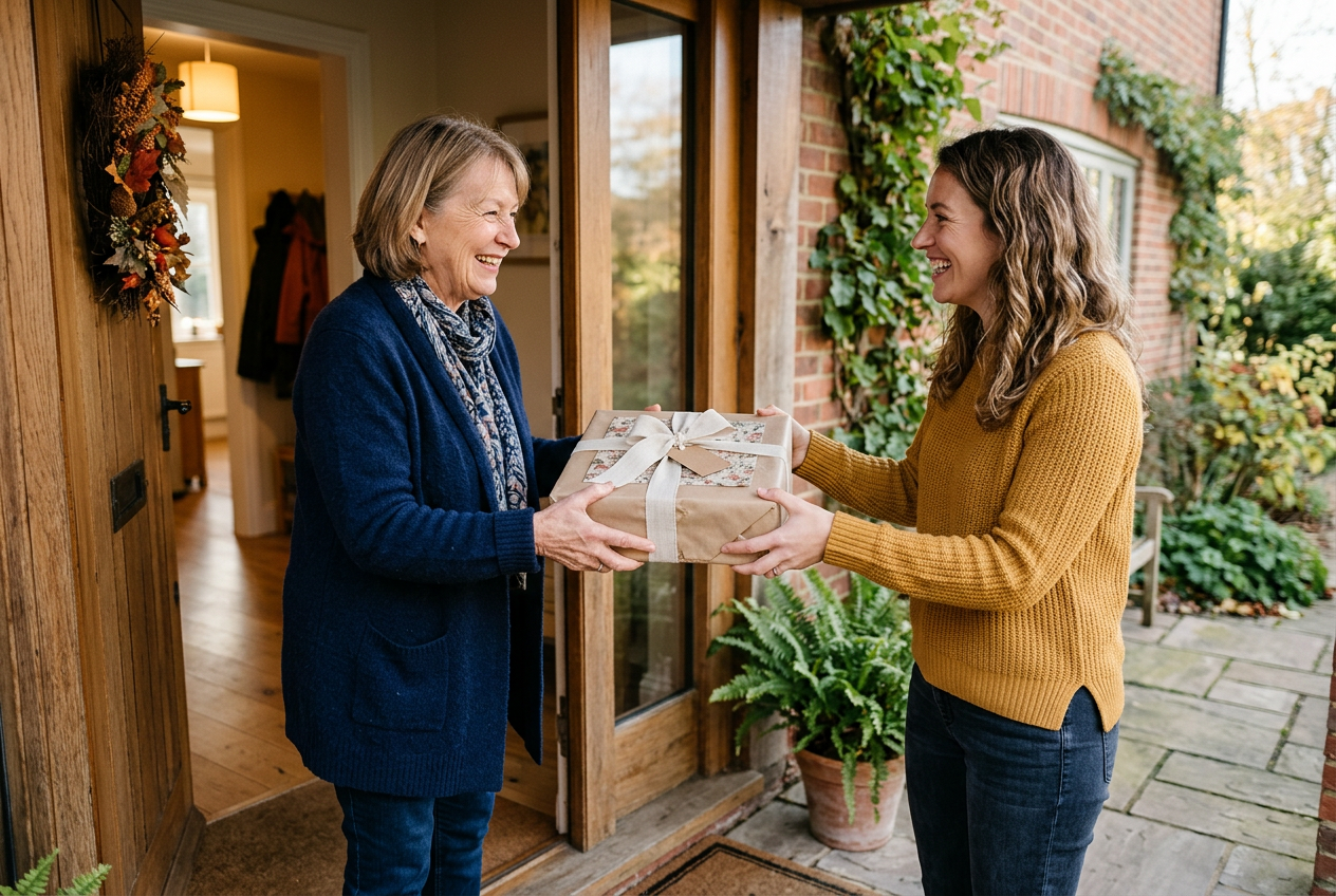Two people exchanging wrapped gift at doorway in warm moment of appreciation and gratitude
