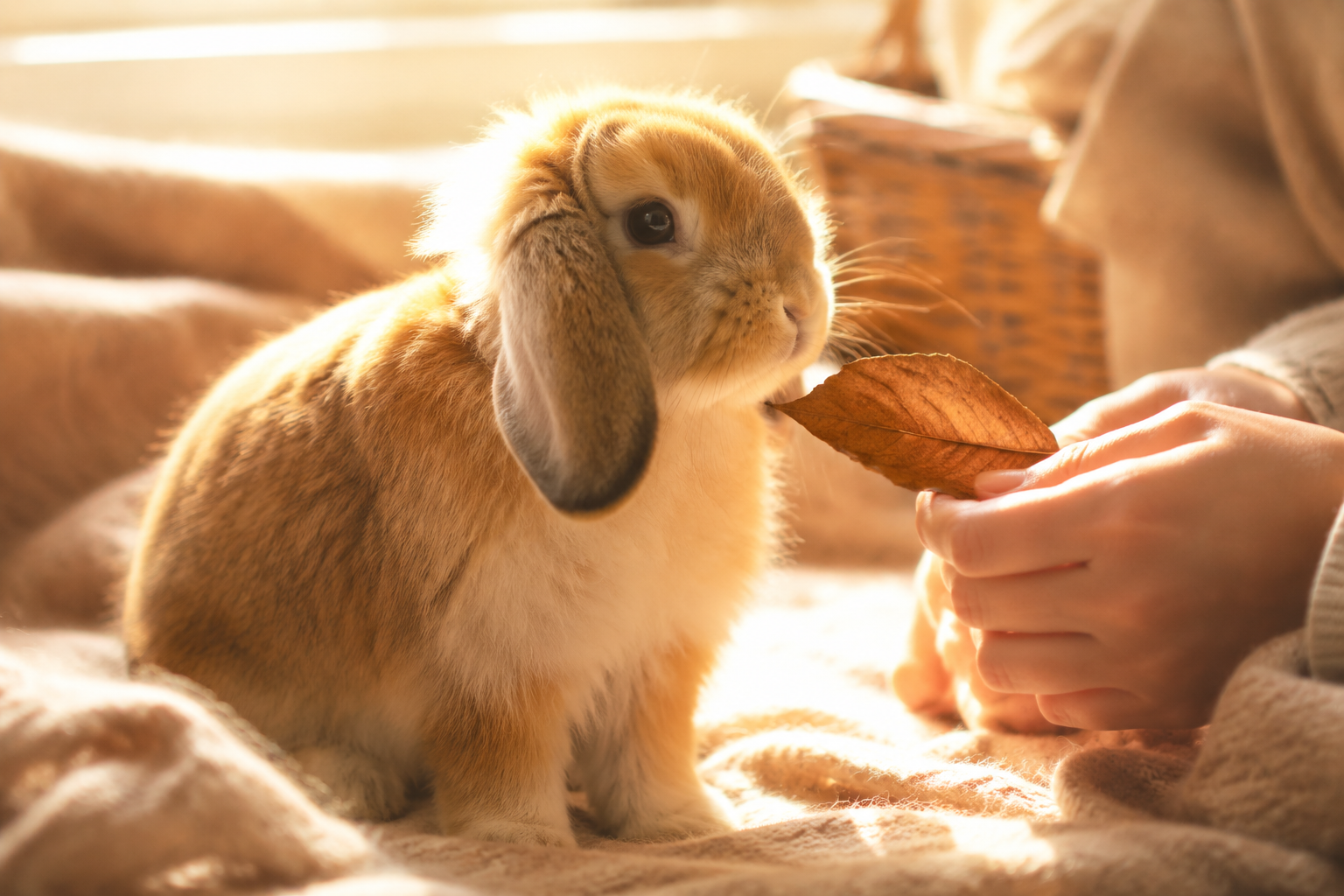 A fluffy lop-eared rabbit on a soft blanket in warm afternoon light as gentle hands offer it a fresh leaf