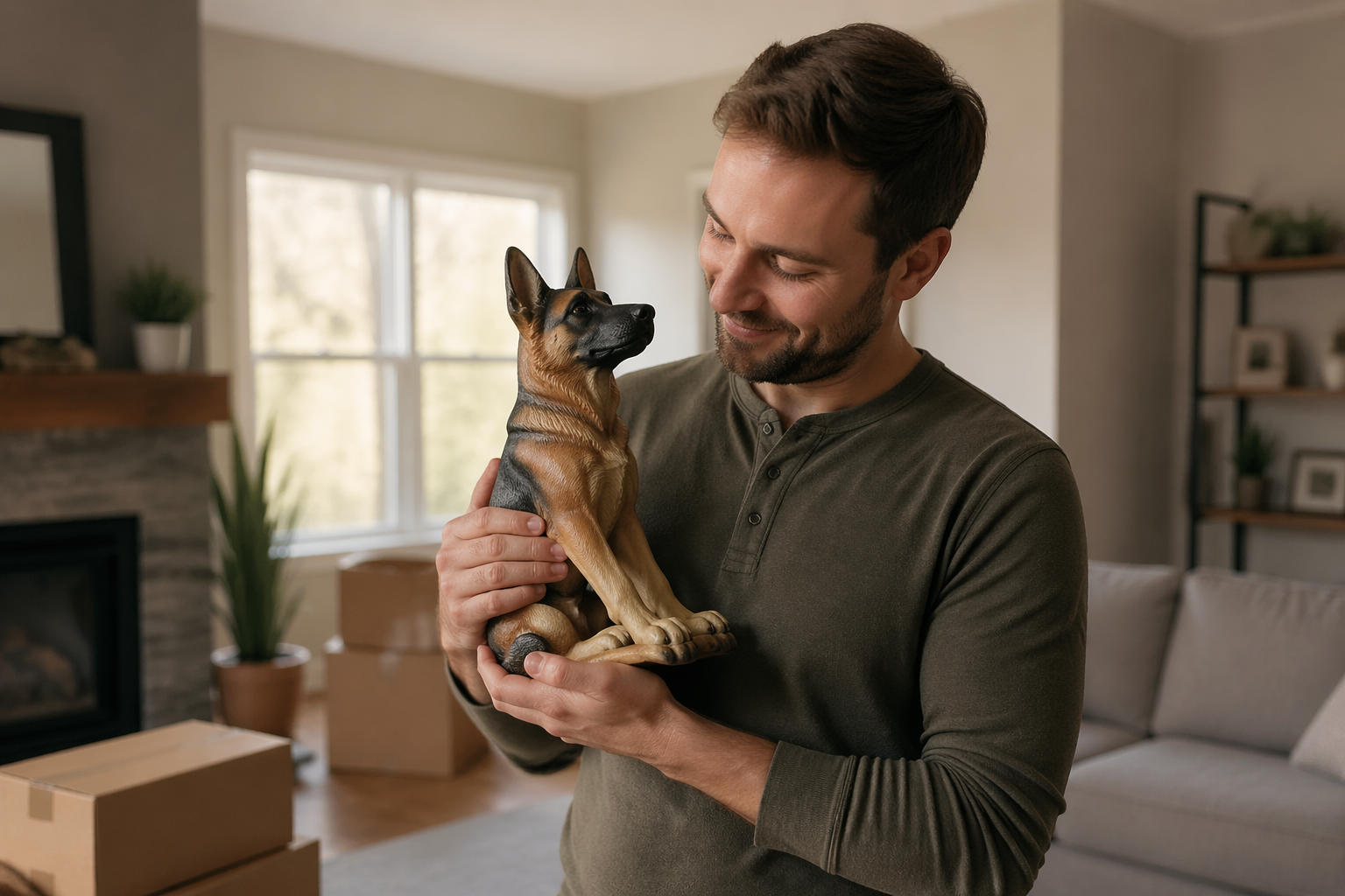 Man holding German Shepherd figurine in new home