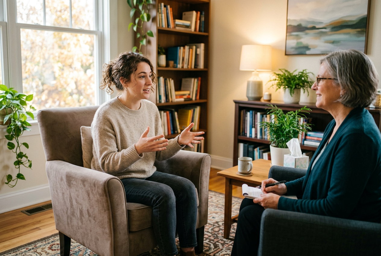 Person speaking openly in a therapist's office with natural light, seeking support for pet loss grief