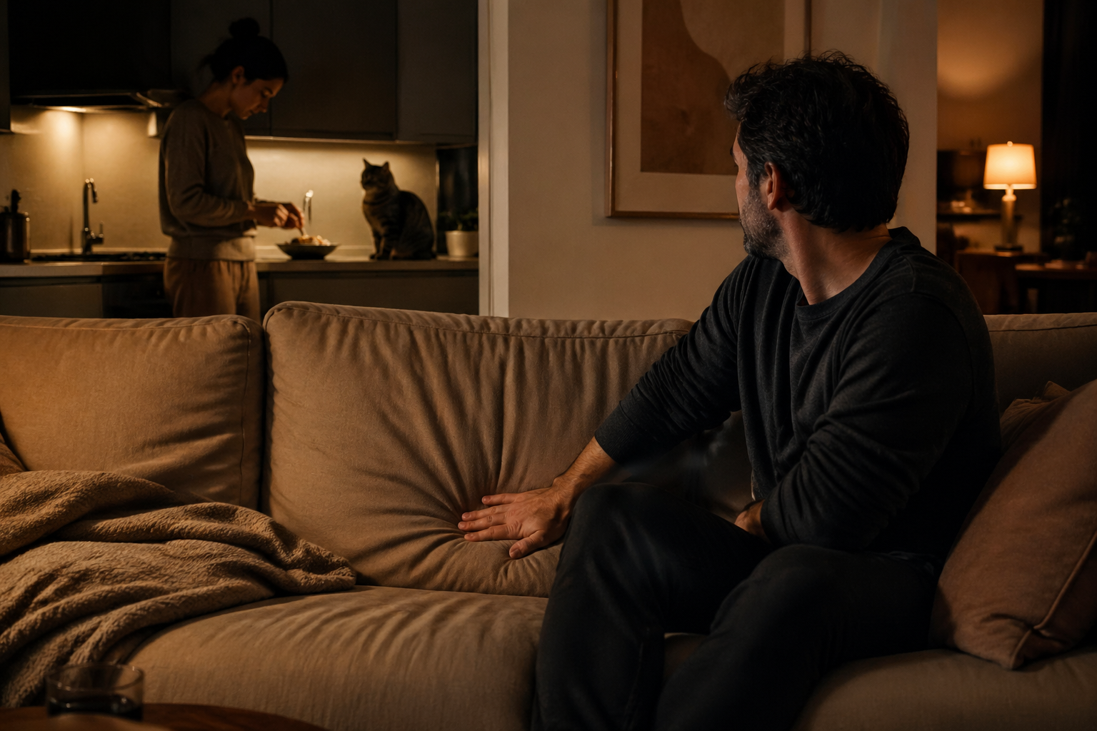 Couple grieving differently in a living room with a meaningful couch spot left for a Calico cat