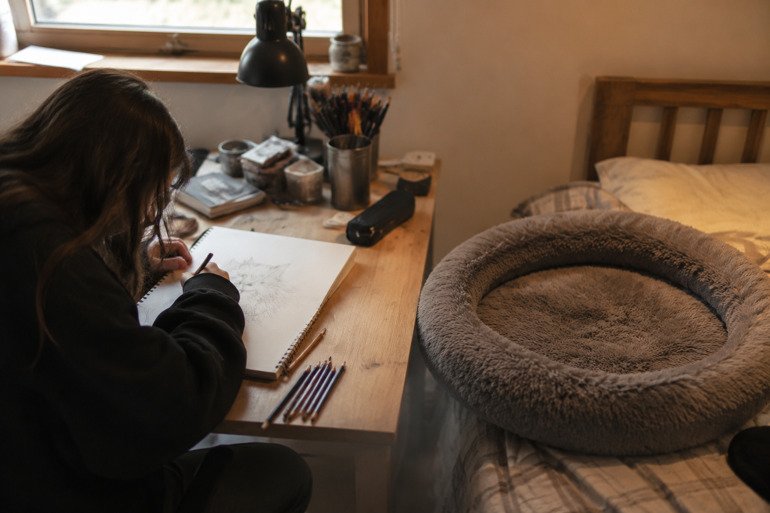 A teenager sketching at a desk near their Maine Coon's empty cat bed during quiet grief