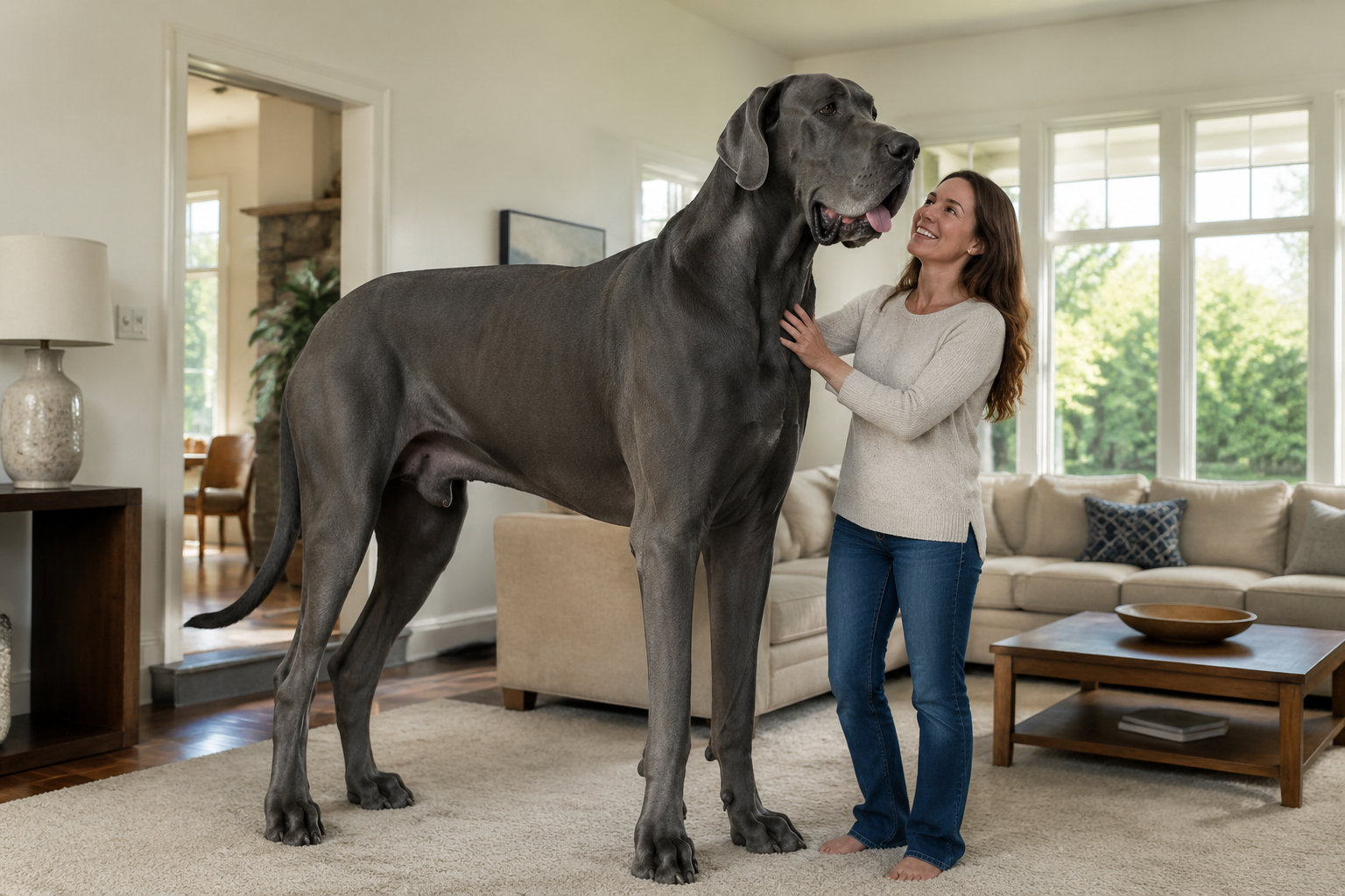 A gentle Great Dane standing beside its owner in a bright living room, showing the breed's impressive scale
