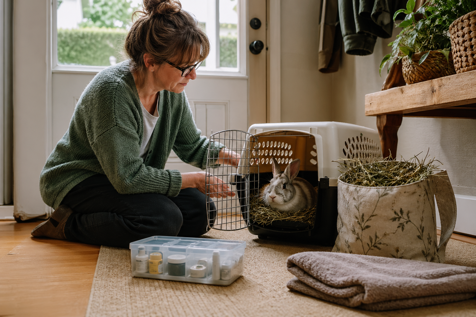 Prepared senior rabbit emergency setup by the front door with carrier and care supplies