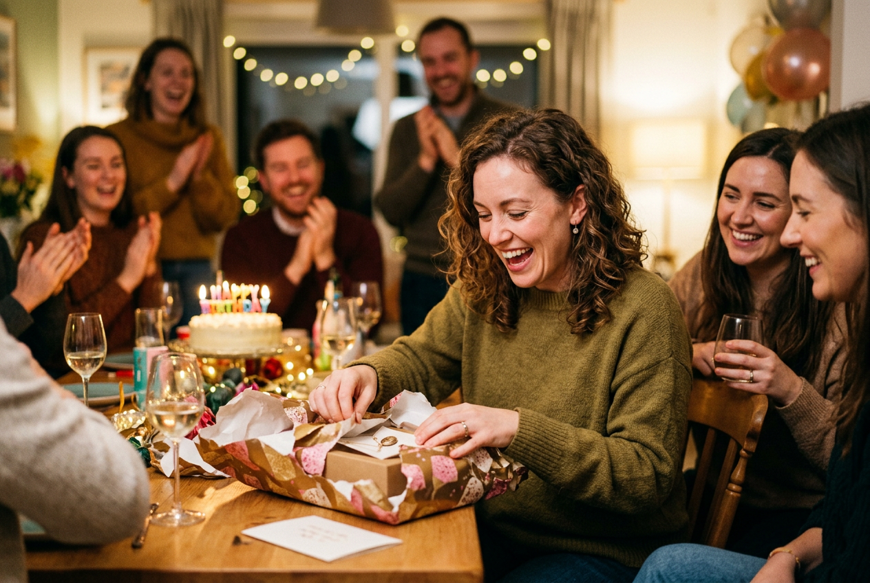 Person opening gift with genuine surprise and emotion at celebration with friends in background