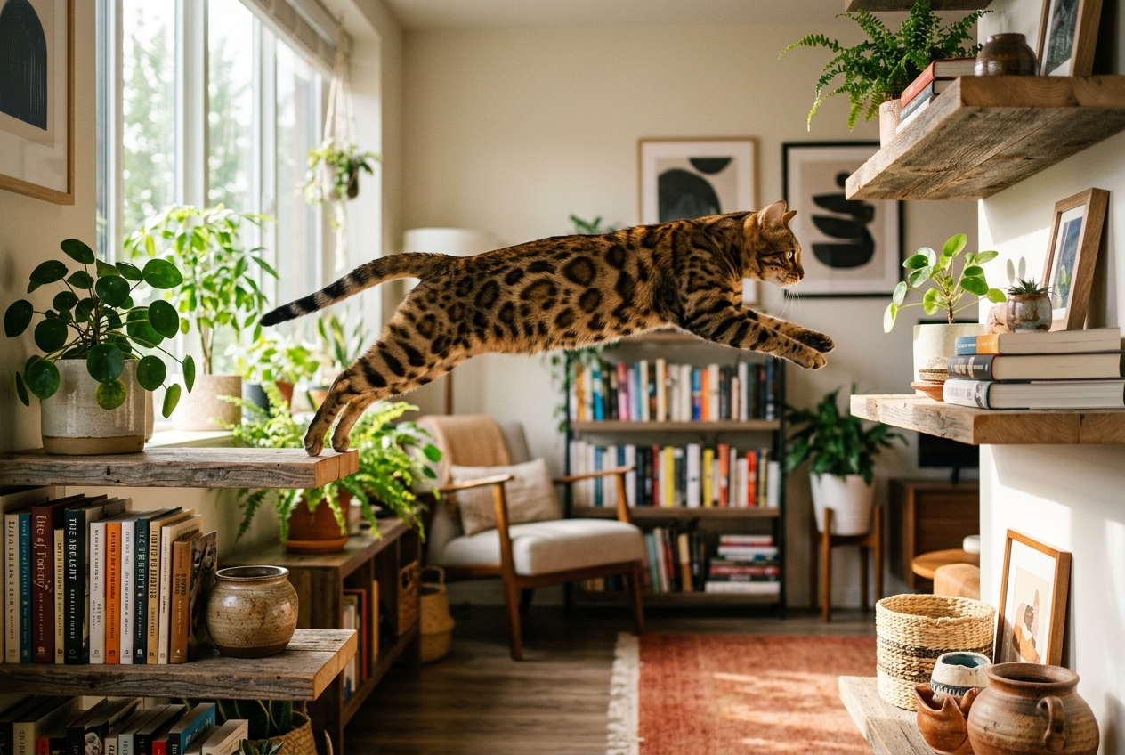 Bengal Cat leaping gracefully between shelves in a modern apartment with its spotted coat catching light