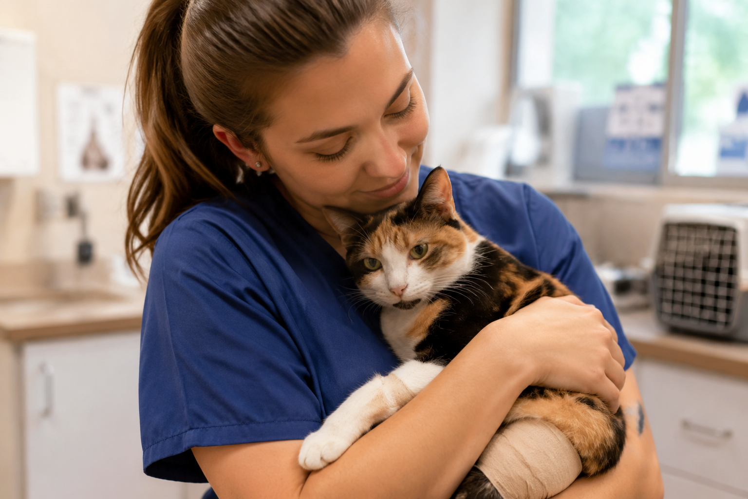 A vet tech in scrubs gently cradling a patched Calico cat in a bright clinic with a compassionate look