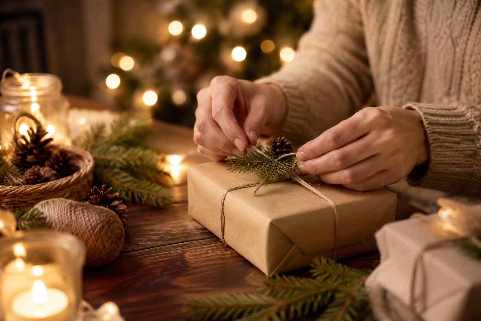 A person's hands wrapping a small gift with twine and pine sprigs by warm holiday lights in a cozy setting